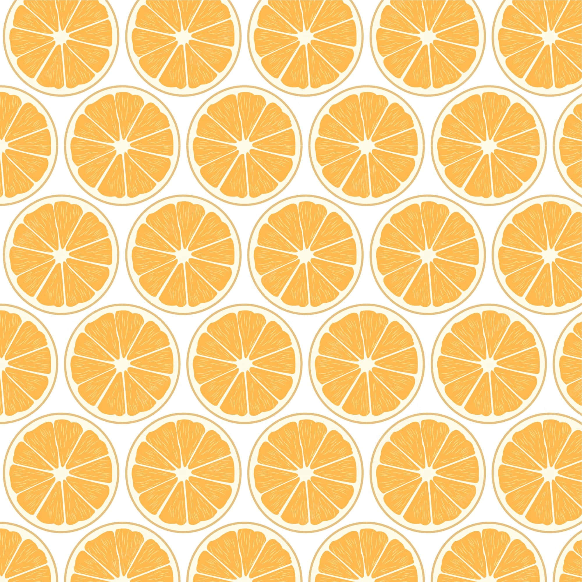 Cute Orange 桌布 壁紙 — 一個無縫的切片橙子圖案，帶有鮮豔的橙色果肉和淡黃色的果皮，在清晰的白色背景上。