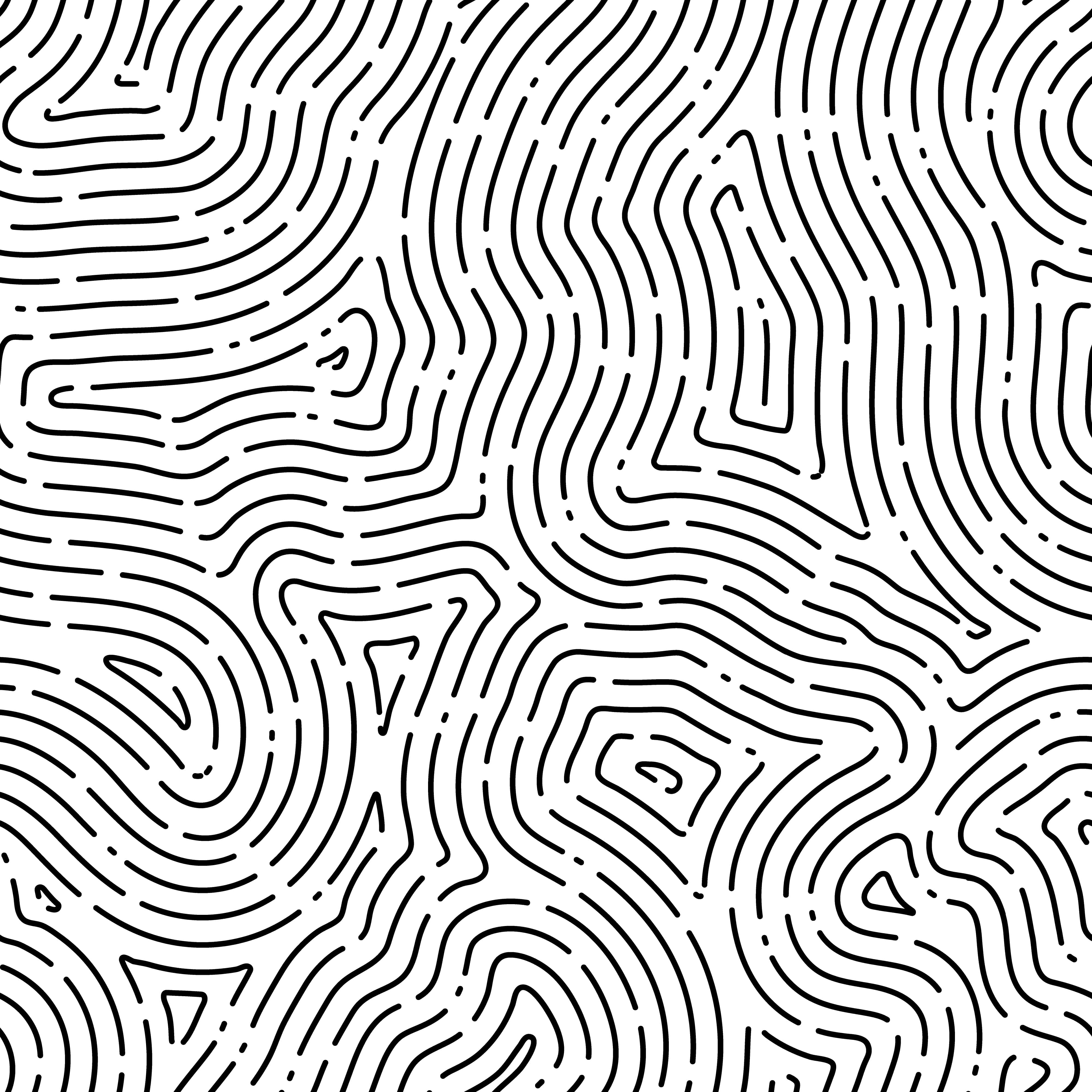 Fingerprint 桌布 壁紙 — 一個無縫的黑白圖案，由流動的波浪線條組成，在整個畫面中創造出催眠般的抽象漩渦。