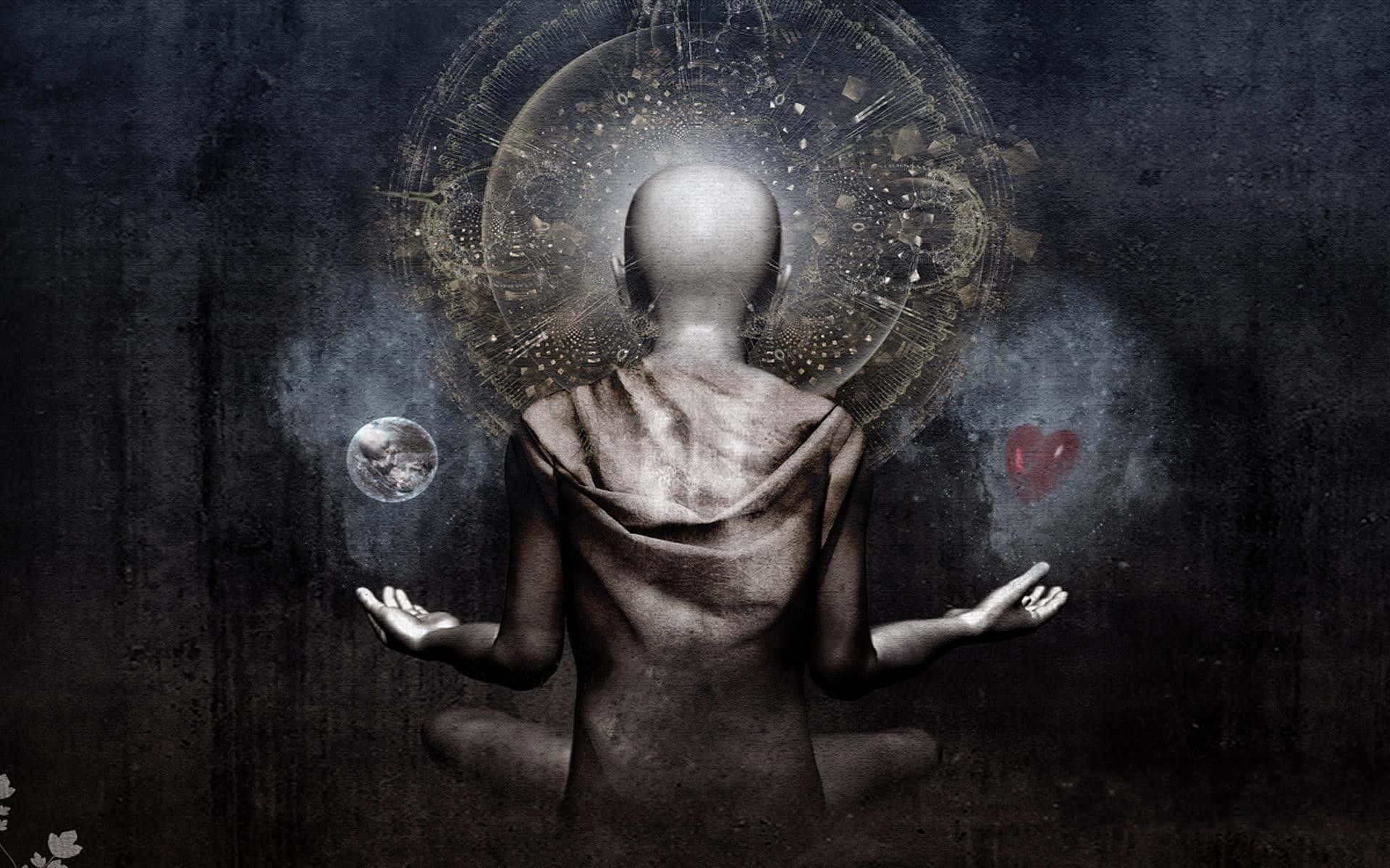 Spiritual Meditation 桌布 壁紙 — 一個無面的人物在黑暗的氛圍中冥想，帶有發光的宇宙光環，手持地球儀和心臟。