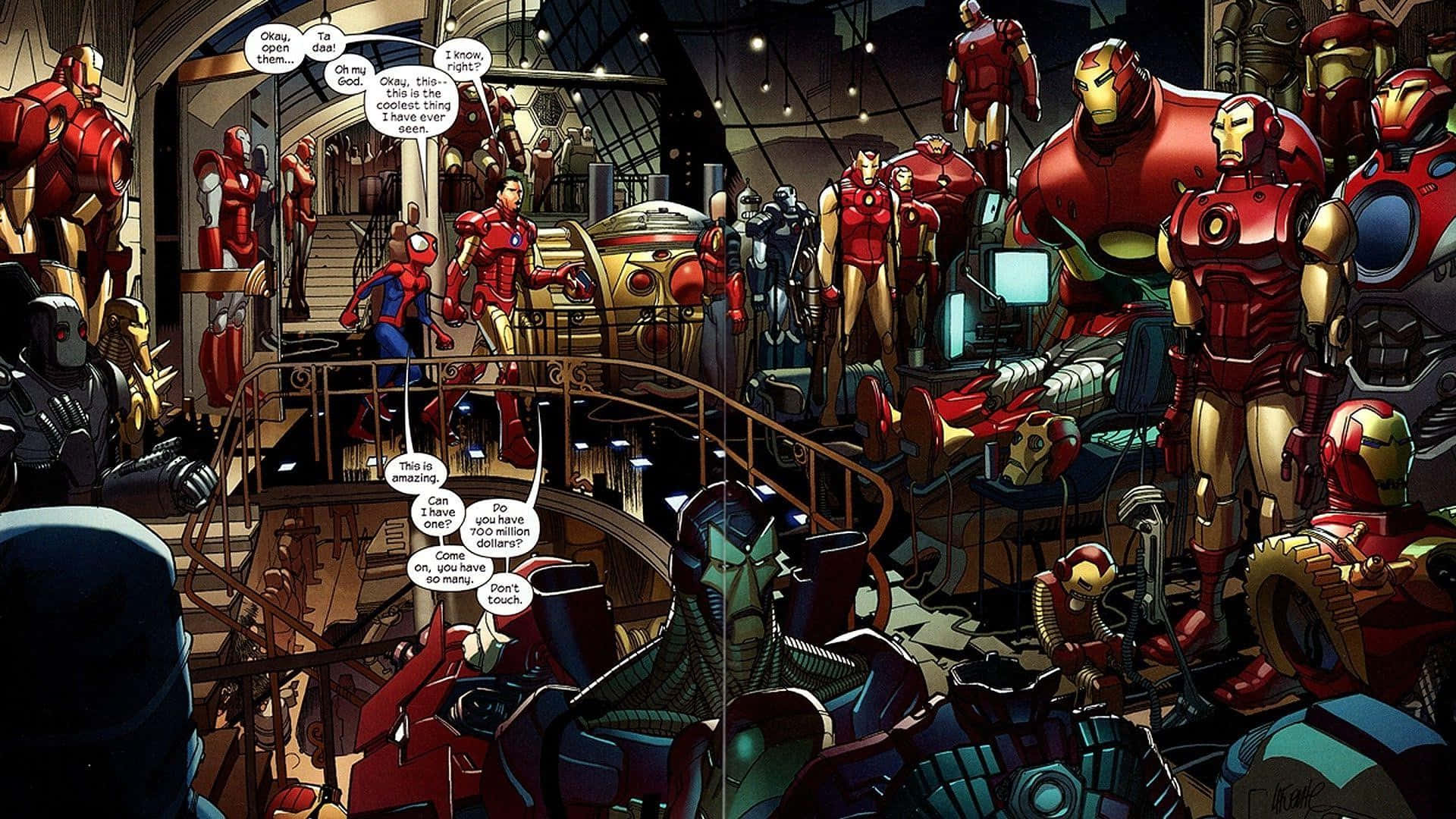 Iron Man Comics 桌布 壁紙 — 一個熱鬧的漫畫場景，充滿了Iron Man戰衣和Spider-Man在一個高科技工作室中，並帶有對話氣泡。
