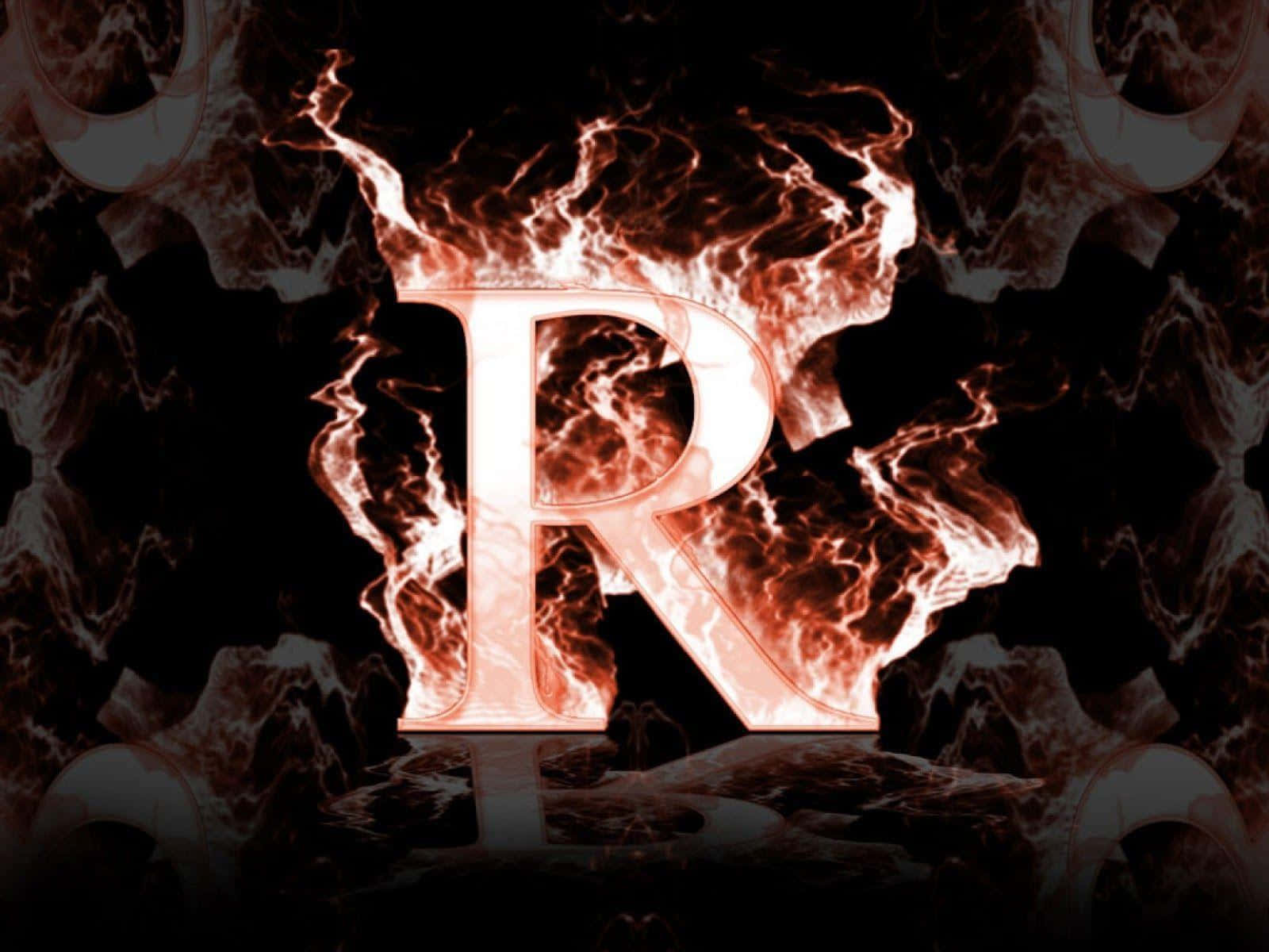 R 桌布 壁紙 — 一個熾熱發光的字母R在黑暗裂紋背景上噴發出熔融的橙色火焰。