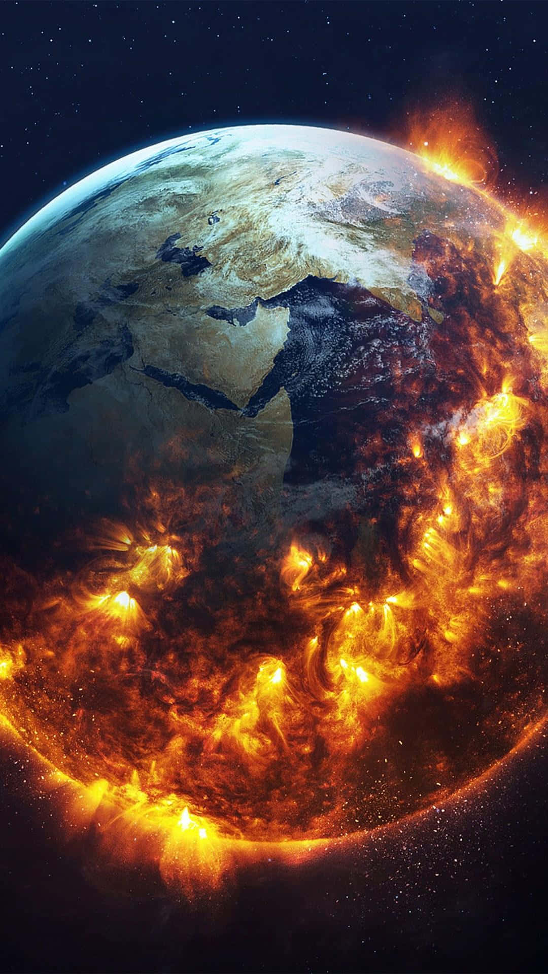planet earth 桌布 壁紙 — 一個熾熱的地球，熔岩從其表面噴發，背景是星光燦爛的宇宙。