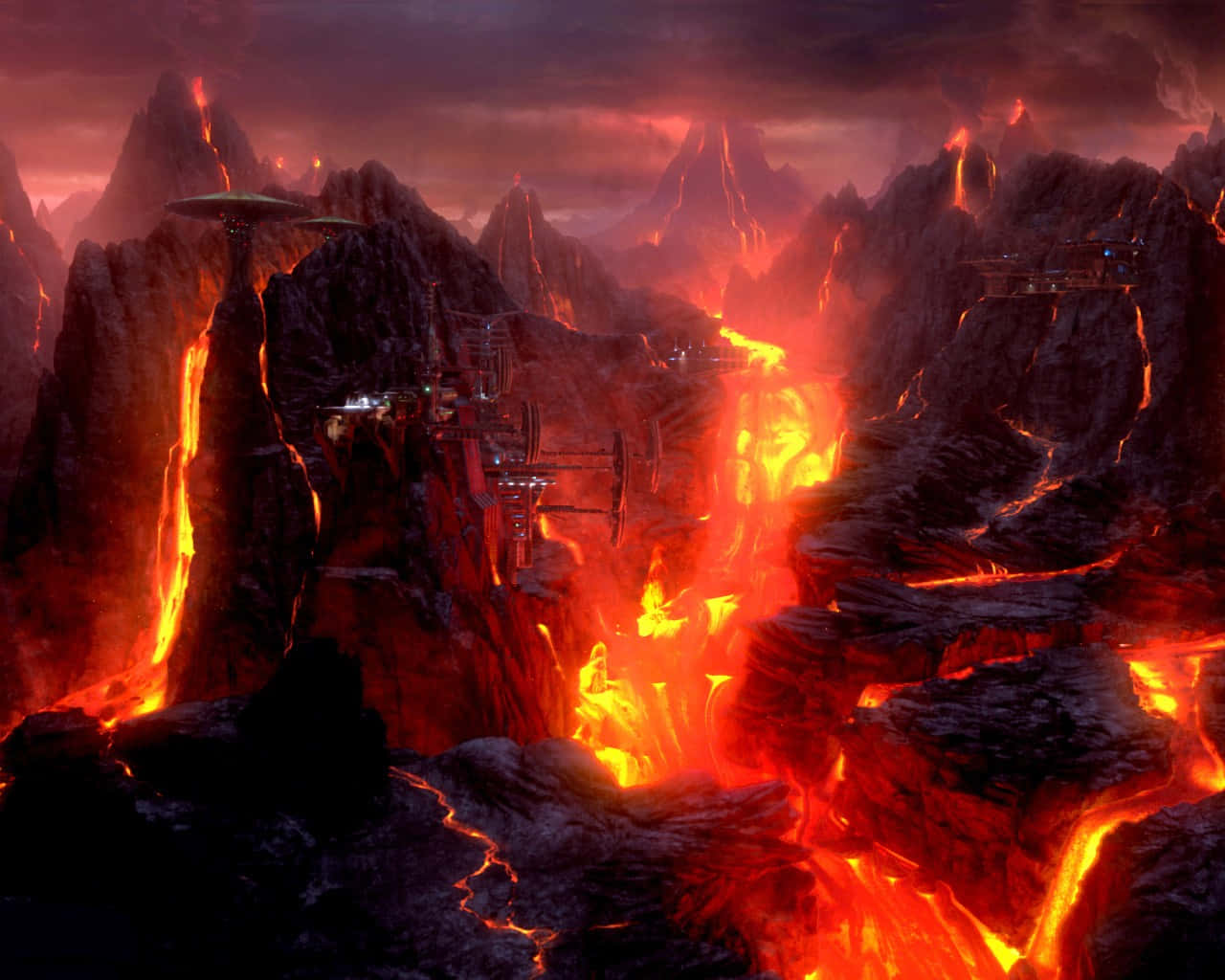 Mustafar 桌布 壁紙 — 一個熾熱的外星景觀，發光的熔岩河流流經鋸齒狀的山脈，天空血紅。
