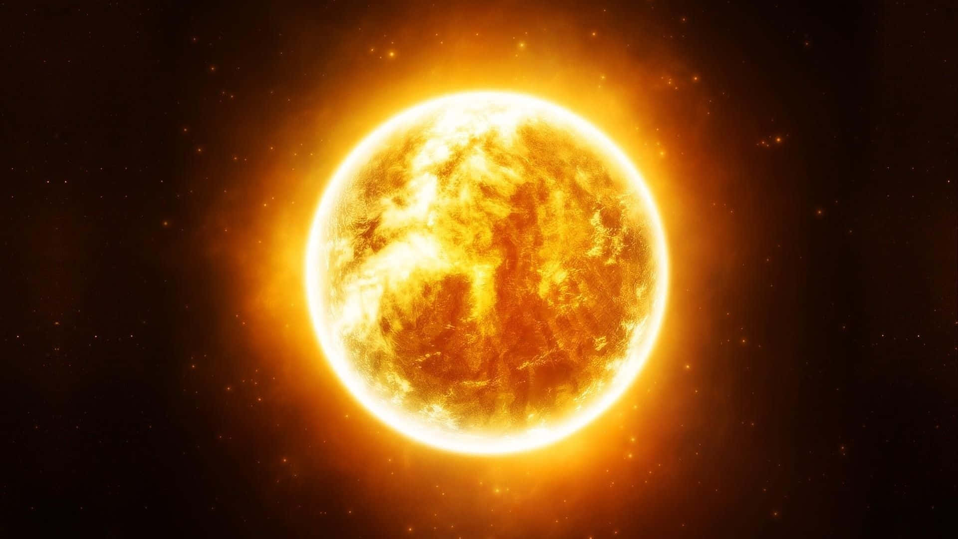 太陽 桌布 壁紙 — 一個熾熱的太陽，帶有火熱的橙色和黃色太陽耀斑，在佈滿星星的黑色宇宙背景下散發出強烈的光芒。