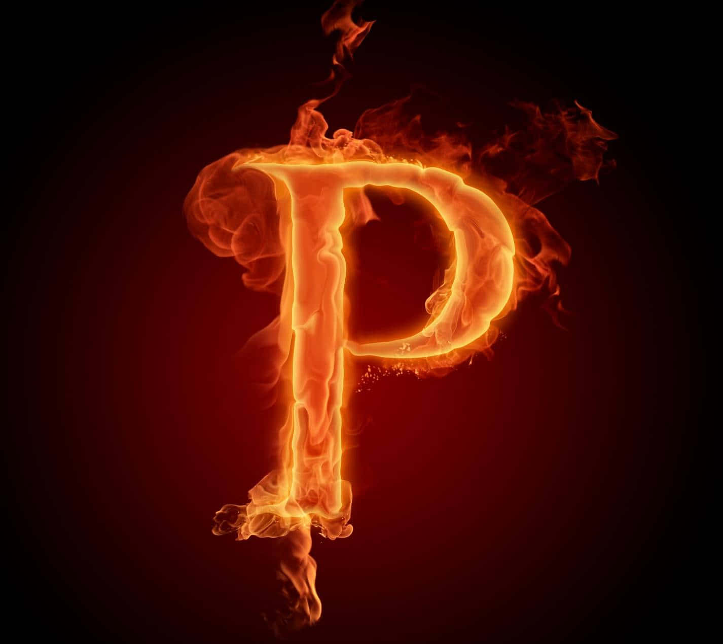 p 桌布 壁紙 — 一個熾熱的字母P在深紅色漸變背景上燃燒，發出橙色火焰。