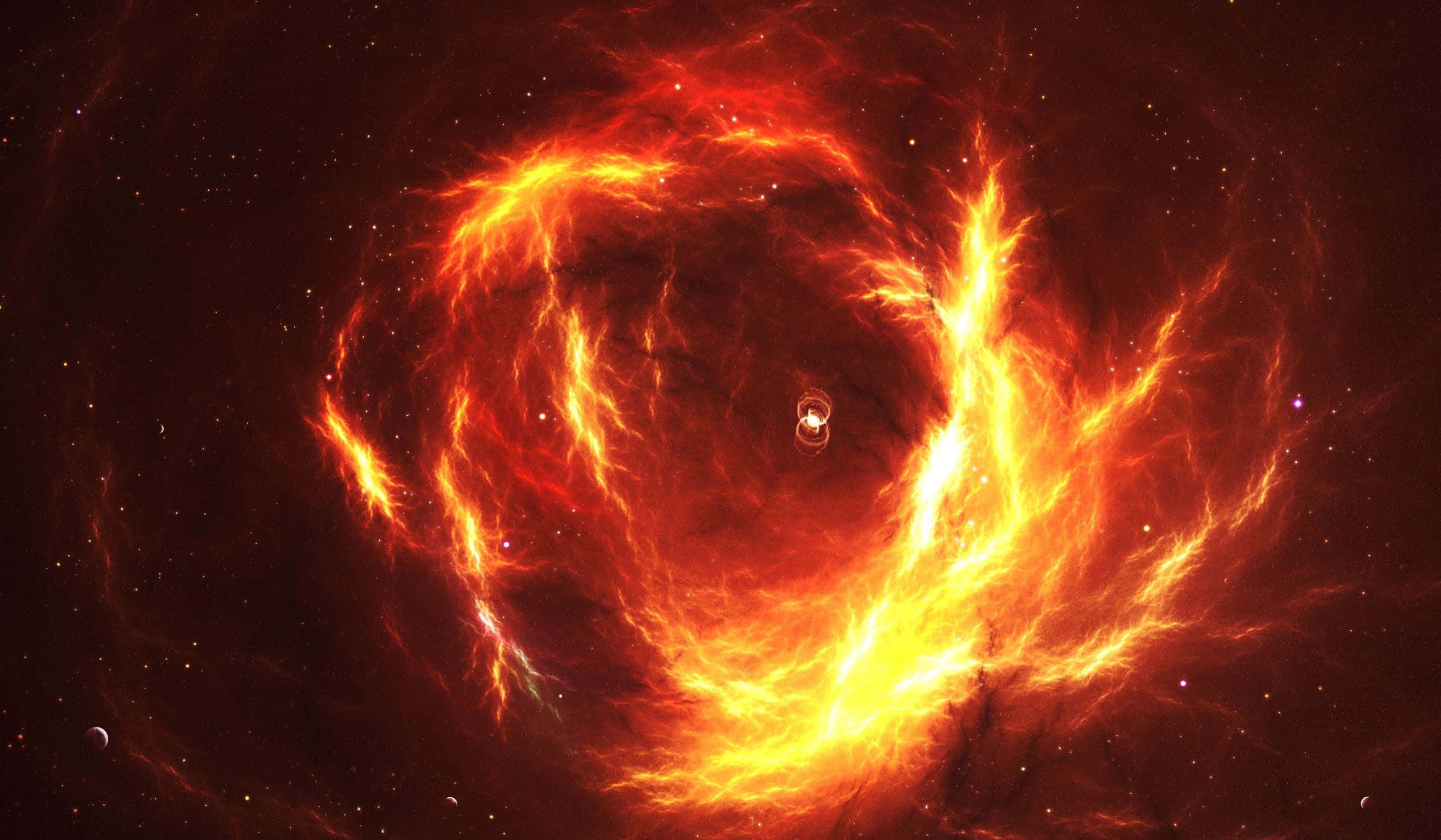 Burn 桌布 壁紙 — 一個熾熱的宇宙星雲在黑暗的星空背景下以鮮豔的橙色和黃色旋轉，帶有發光的絲狀物和遙遠的行星。
