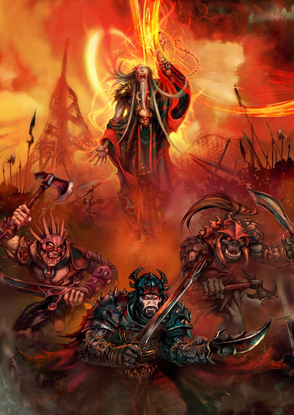 Demon Realm 桌布 壁紙 — 一個熾熱的惡魔軍閥，眼睛發光，頭髮燃燒，在地獄般的戰場上指揮著一群怪誕的戰士。