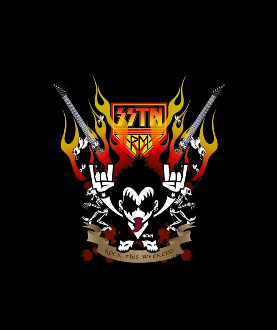 Heavy Metal 桌布 壁紙 — 一個熾熱的搖滾標誌，帶有交叉的結他、骷髏頭和魔鬼面孔，背景為黑色。
