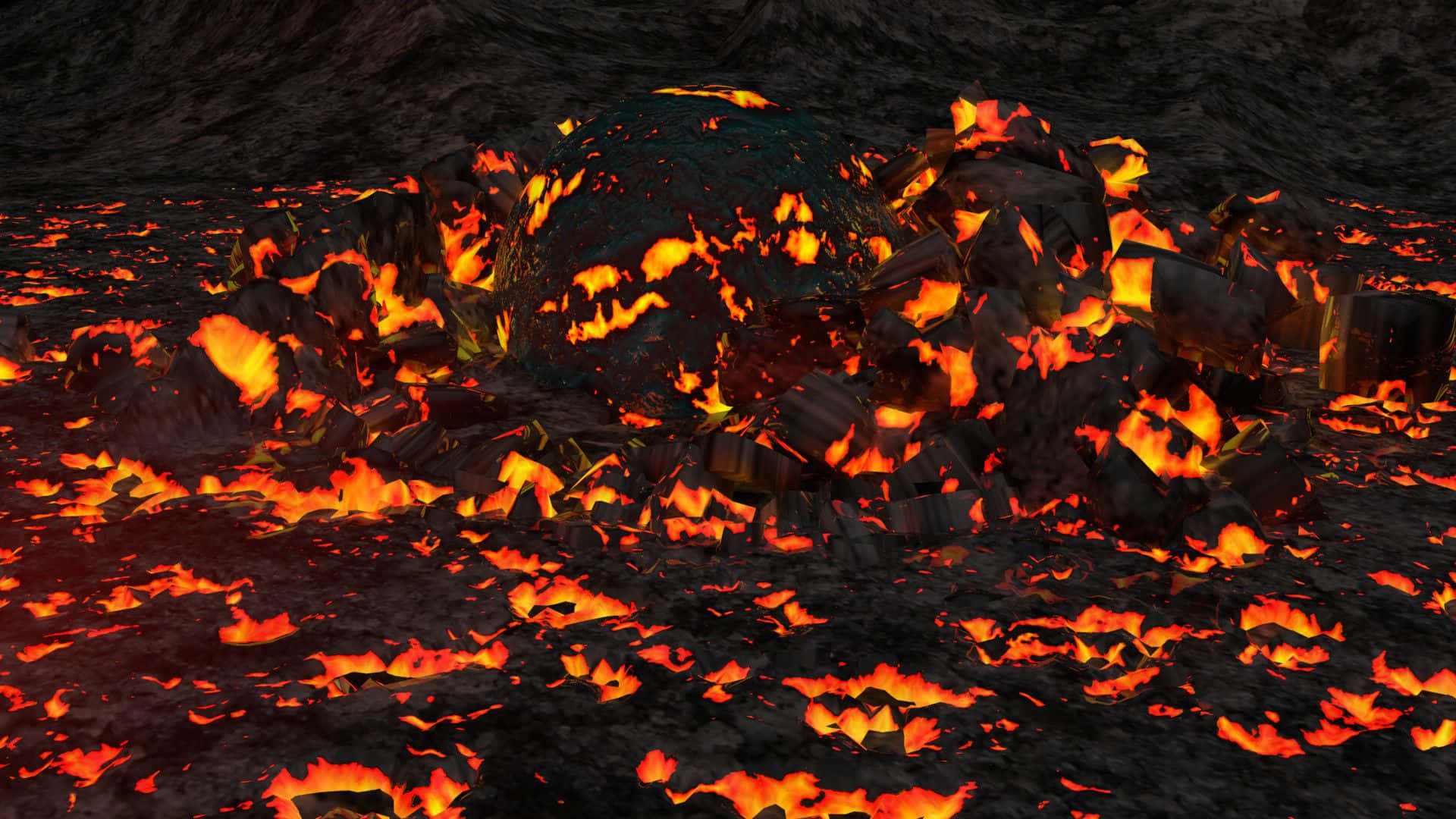 lava 桌布 壁紙 — 一個熾熱的火山景觀，在黑暗的天空下，發光的橙色熔岩匯聚在鋸齒狀的黑色岩石周圍。