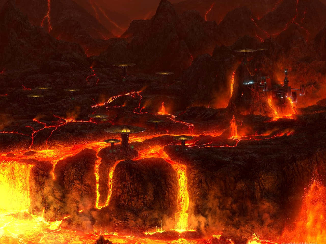 Mustafar 桌布 壁紙 — 一個熾熱的火山景觀，有發光的熔岩河流和未來主義建築，坐落在黑暗天空下的鋸齒狀山脈中。