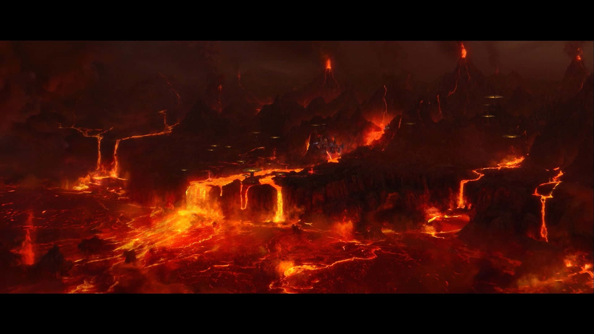 Mustafar 桌布 壁紙 — 一個熾熱的火山景觀，發光的熔岩河流流經鋸齒狀的黑色山脈，下方是黑暗不祥的天空。
