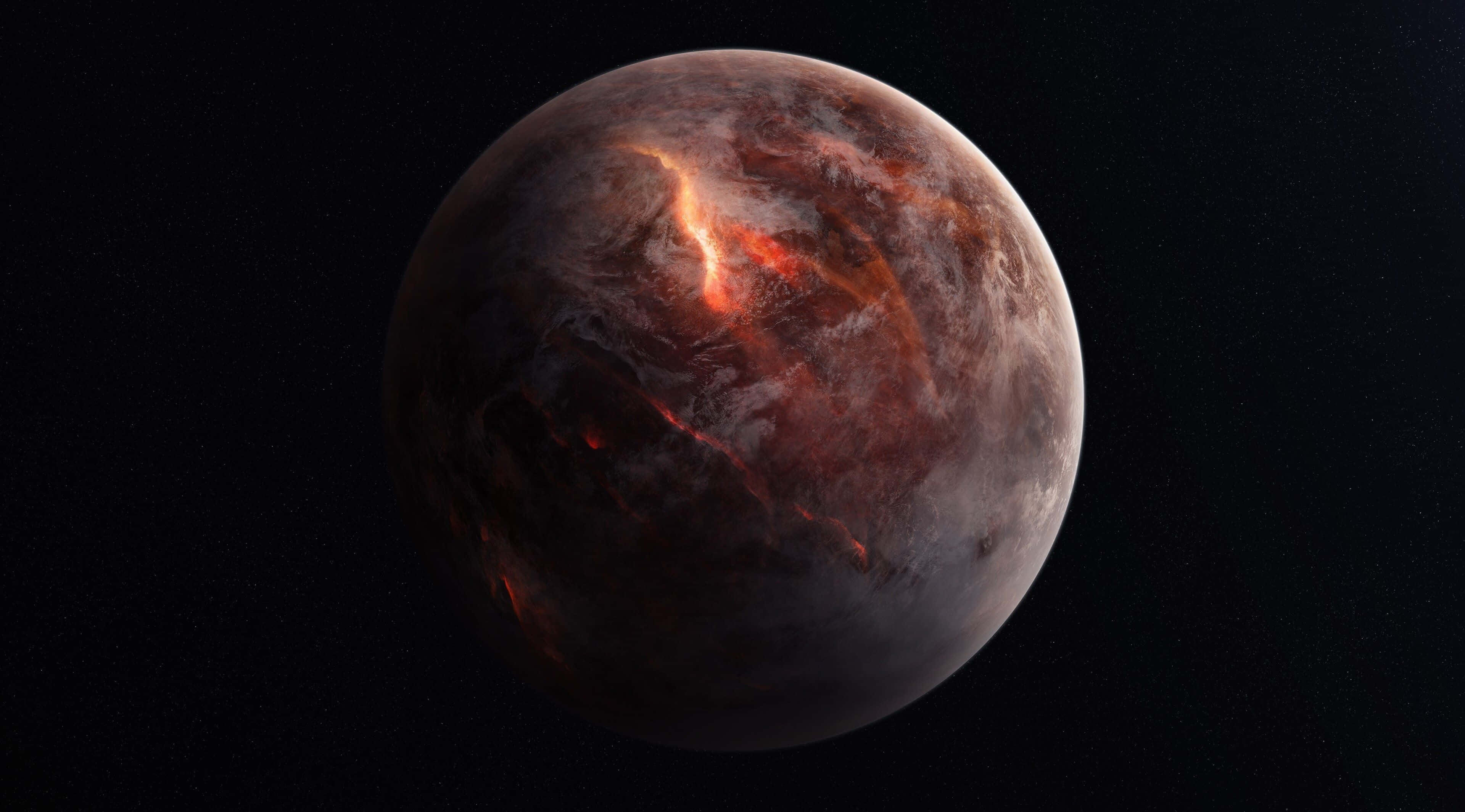 Exoplanet 桌布 壁紙 — 一個熾熱的火山行星，在繁星點點的黑色虛空中流淌著發光的橙色熔岩流。
