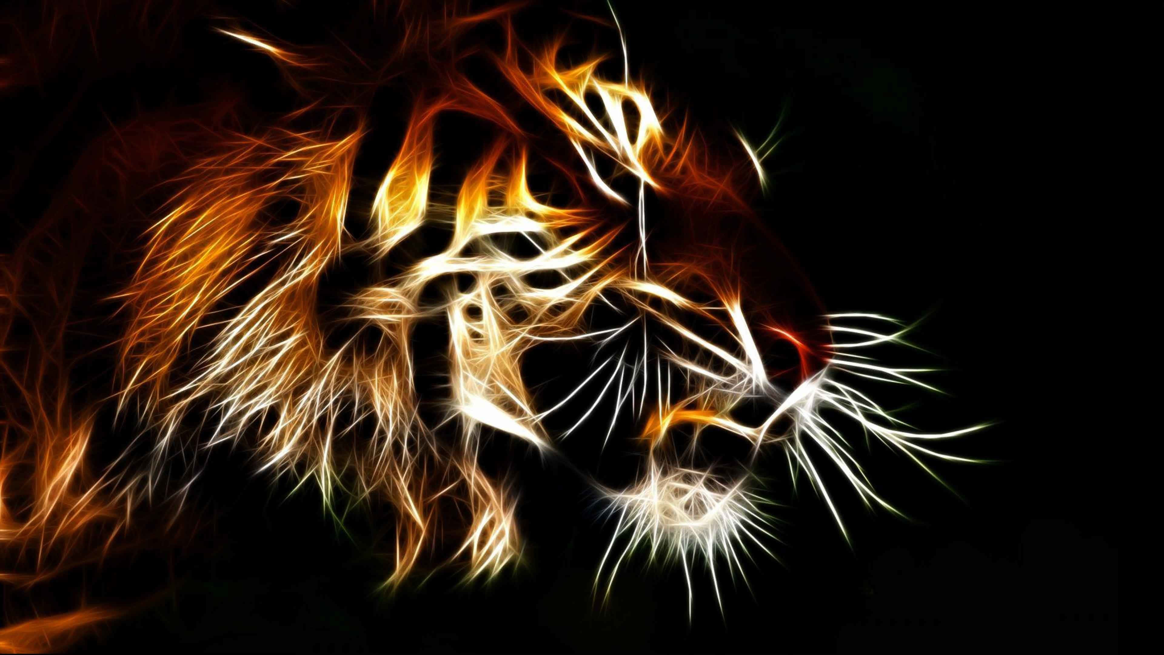 3d Animal 桌布 壁紙 — 一個熾熱的老虎頭，以發光的電線在黑背景上呈現。
