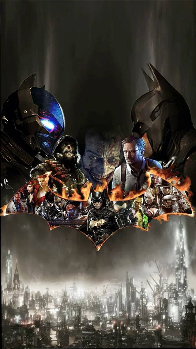 batman arkham city iPhone 桌布 壁紙 — 一個熾熱的蝙蝠符號框住了蝙蝠俠和他的盟友，背景是夜晚黑暗、雨濕的哥譚市天際線。