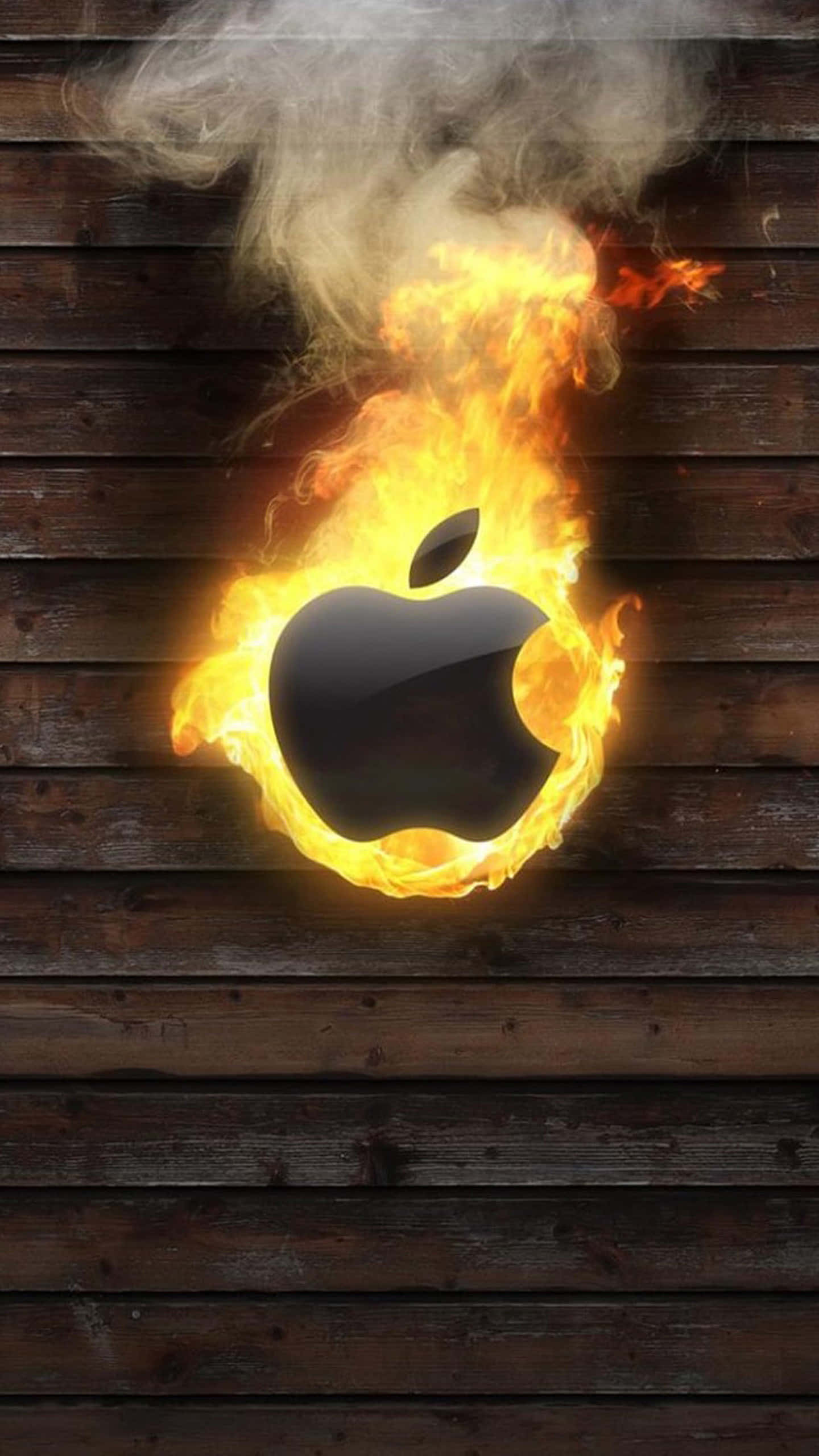 主螢幕 桌布 壁紙 — 一個燃燒的Apple標誌在深色木板上生動地燃燒，煙霧升騰。