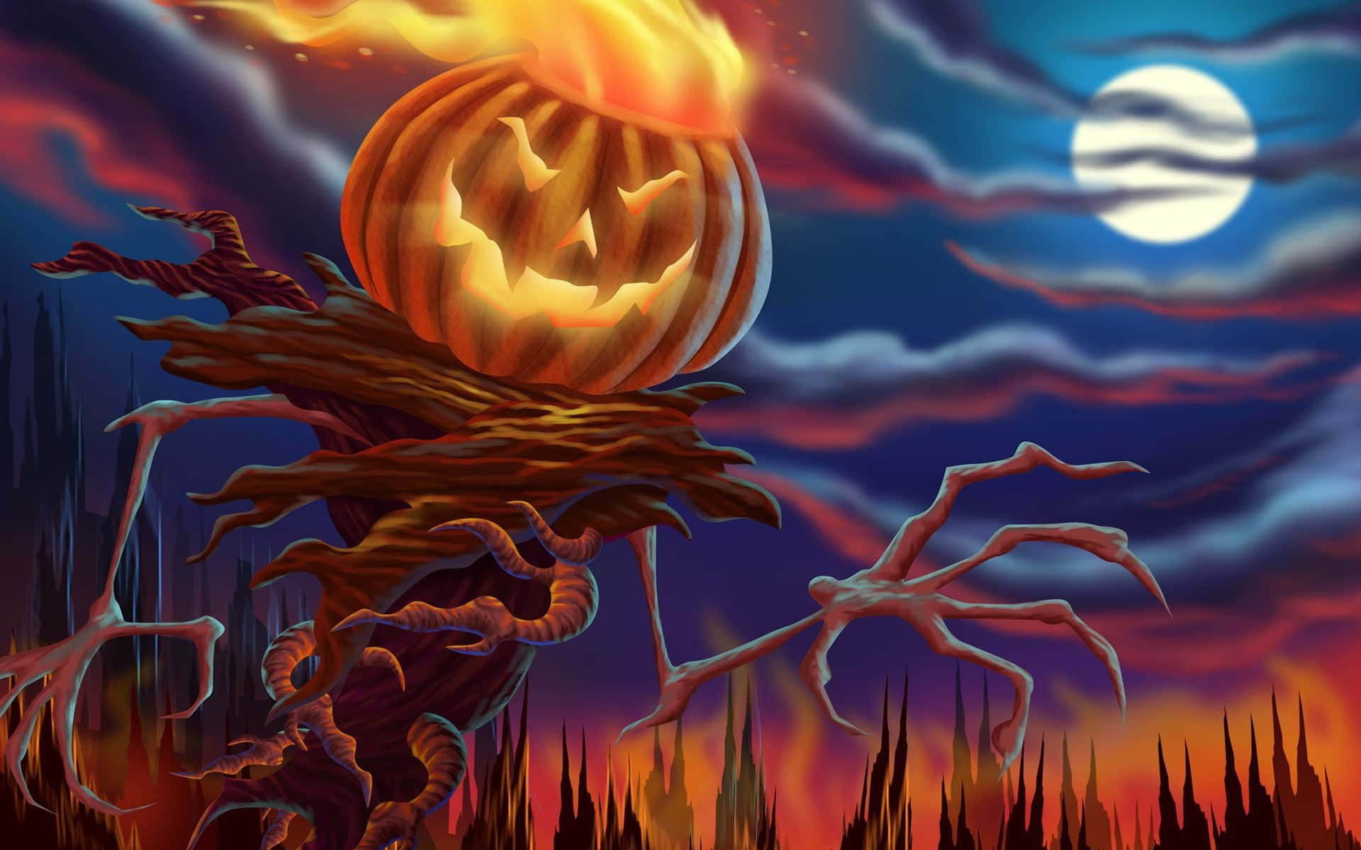 3d Halloween 桌布 壁紙 — 一個燃燒的南瓜燈，眼睛發光，棲息在扭曲的樹枝上，背景是滿月的黃昏天空。