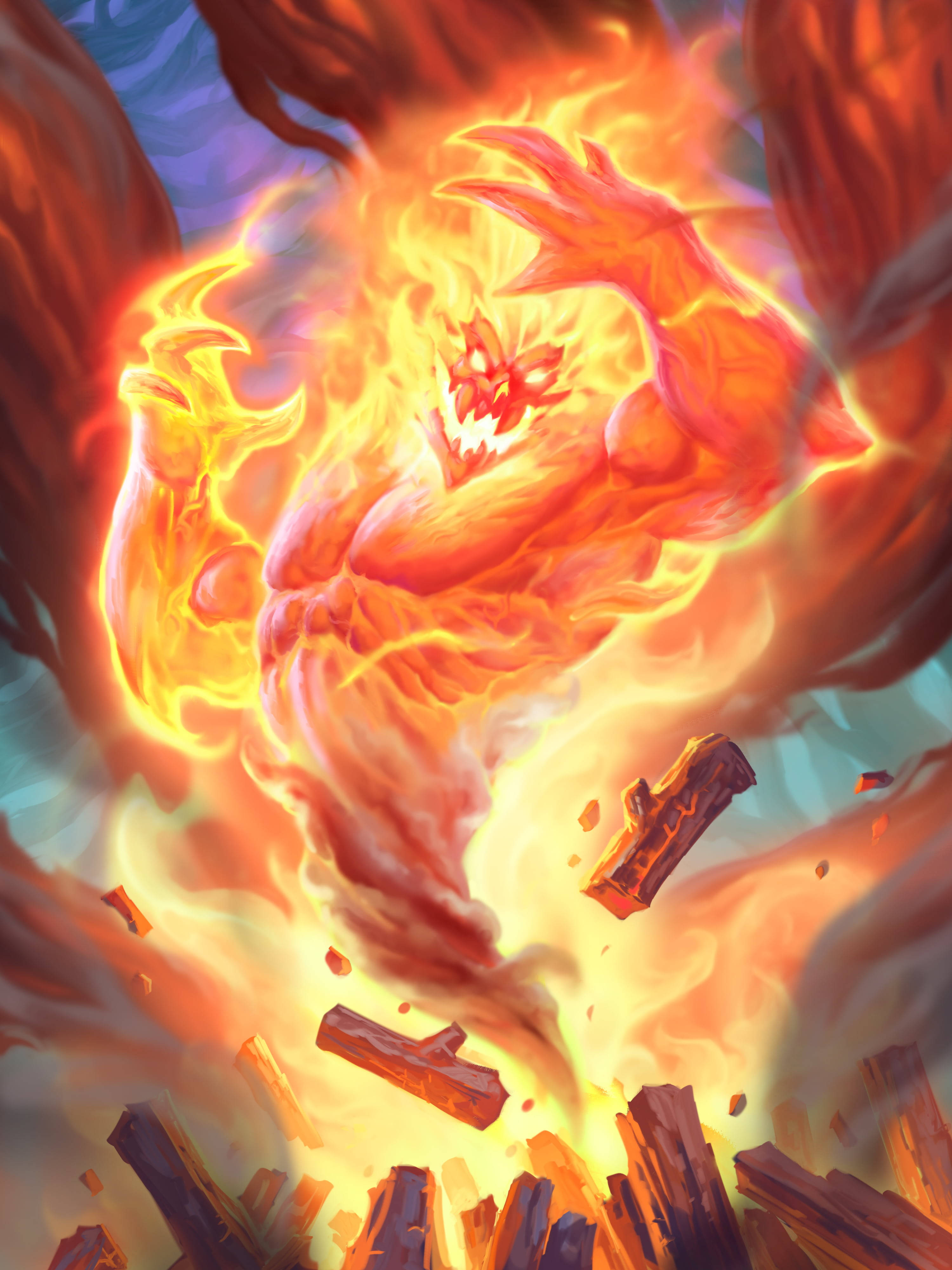 Flame 桌布 壁紙 — 一個燃燒的惡魔實體，擁有發光的眼睛和爪子，從燃燒的木頭中爆發出來，形成混亂的烈焰。
