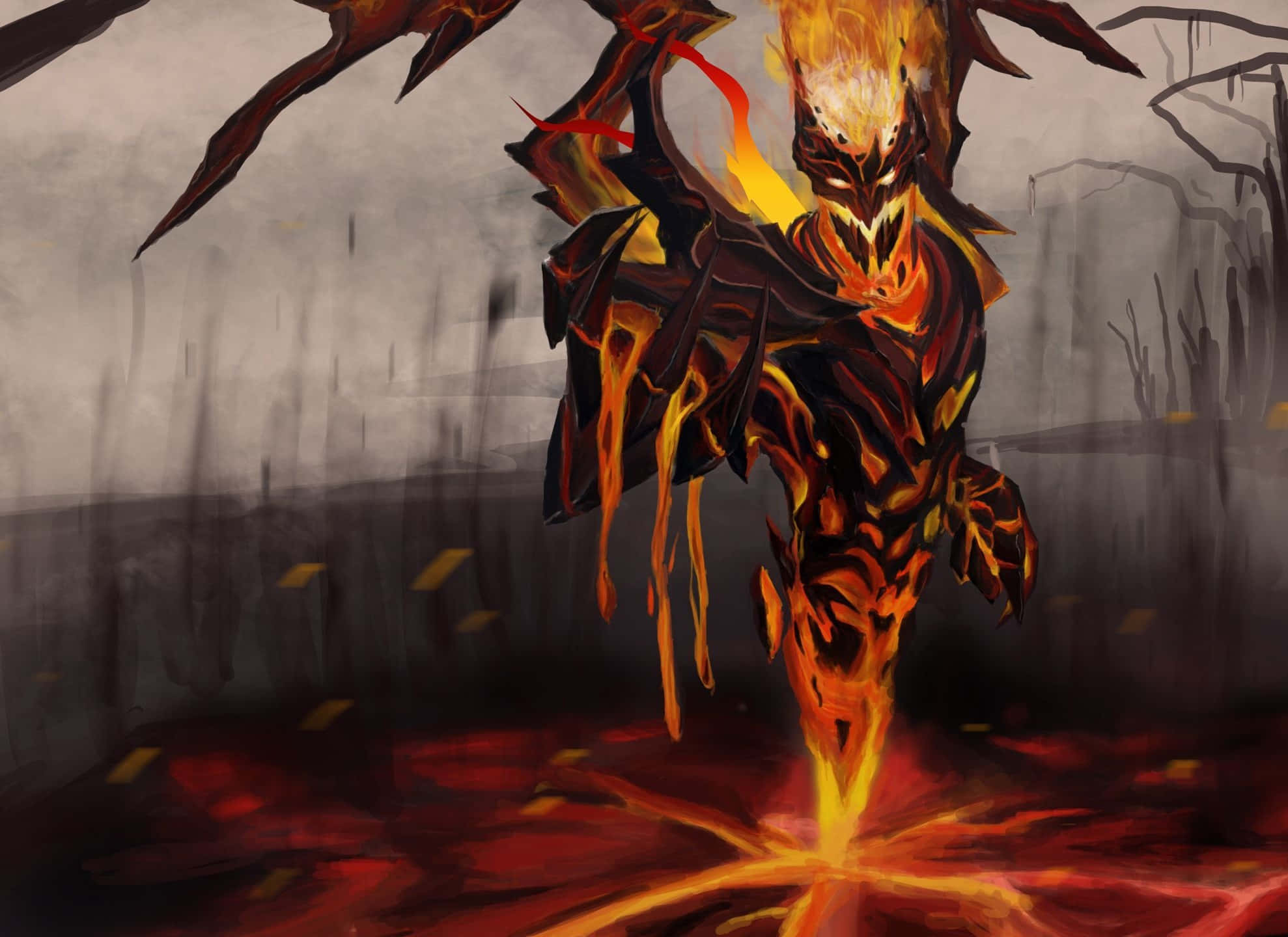 Shadow Fiend 桌布 壁紙 — 一個燃燒的惡魔形象，擁有發光的眼睛和熔化的翅膀，站在荒涼、充滿灰燼的景觀中的熔岩場上。