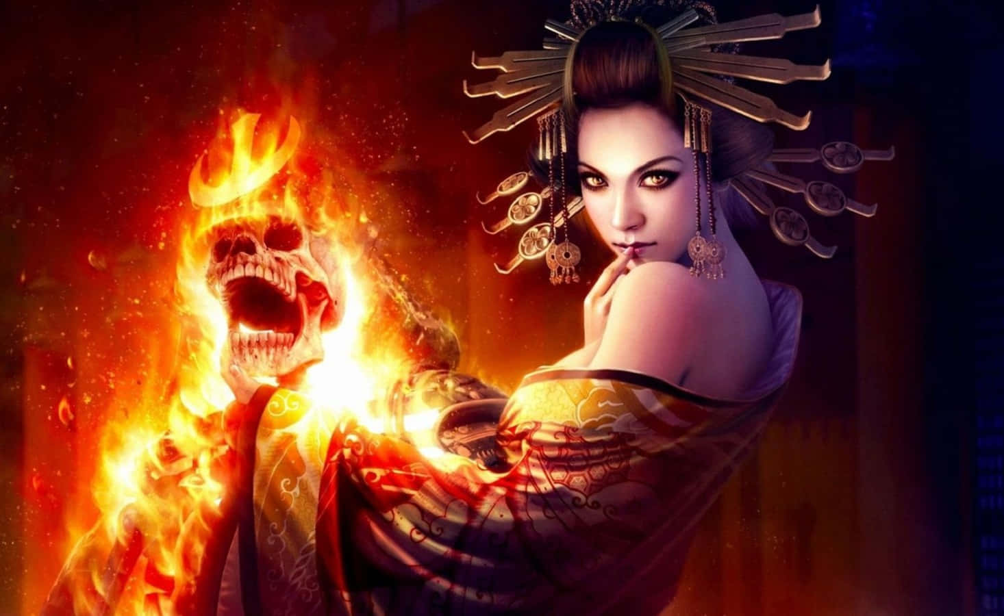 Witchy 桌布 壁紙 — 一個燃燒的惡魔頭骨在暗紅色的氛圍中，在一位戴著華麗頭飾、眼睛發光的寧靜藝妓旁邊咆哮。