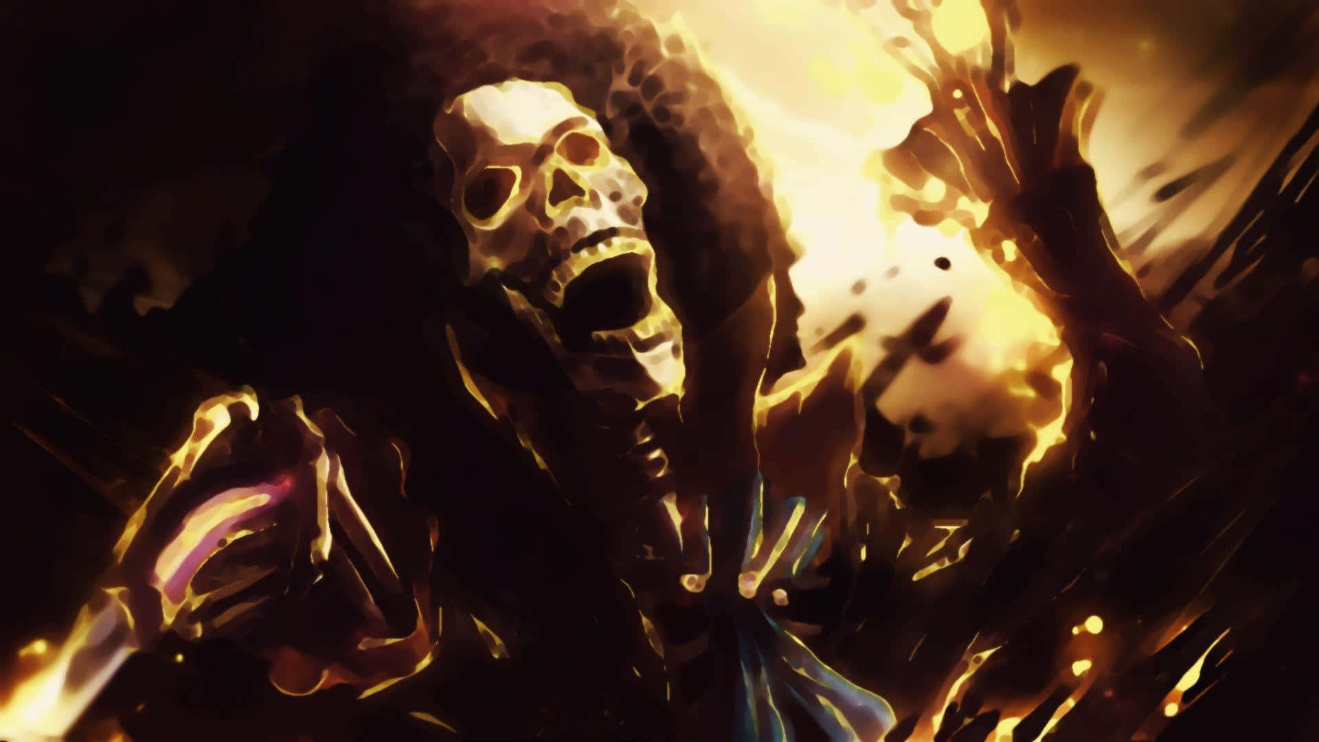 Brook 桌布 壁紙 — 一個燃燒的骷髏身影在爆炸性的金色火焰中咆哮，構成戲劇性的數碼藝術場景。