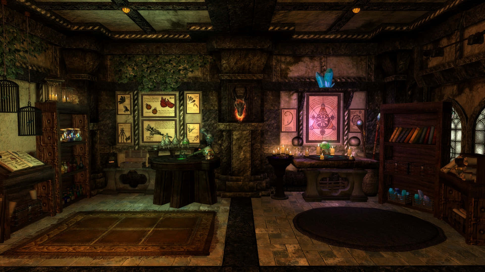 Skyrim Solitude 桌布 壁紙 — 一個燈光昏暗、雜亂的玄學書房，有石牆、發光的法器，燭光投射出詭異的影子。