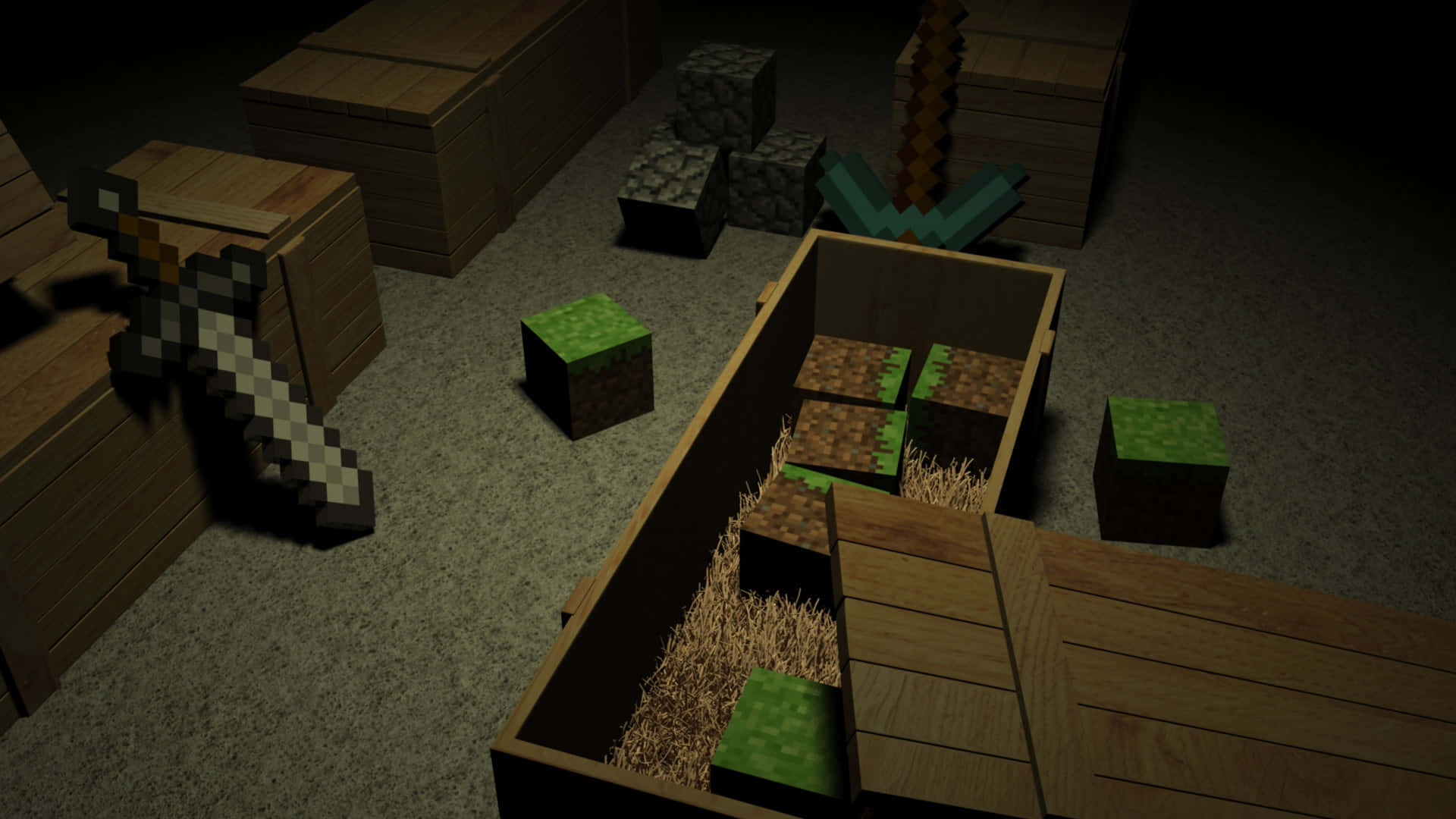 Minecraft Weapons 桌布 壁紙 — 一個燈光昏暗的Minecraft場景，展示像素化的方塊、草地、泥土和一把劍，排列在木箱中，放在鋪有地毯的地板上。