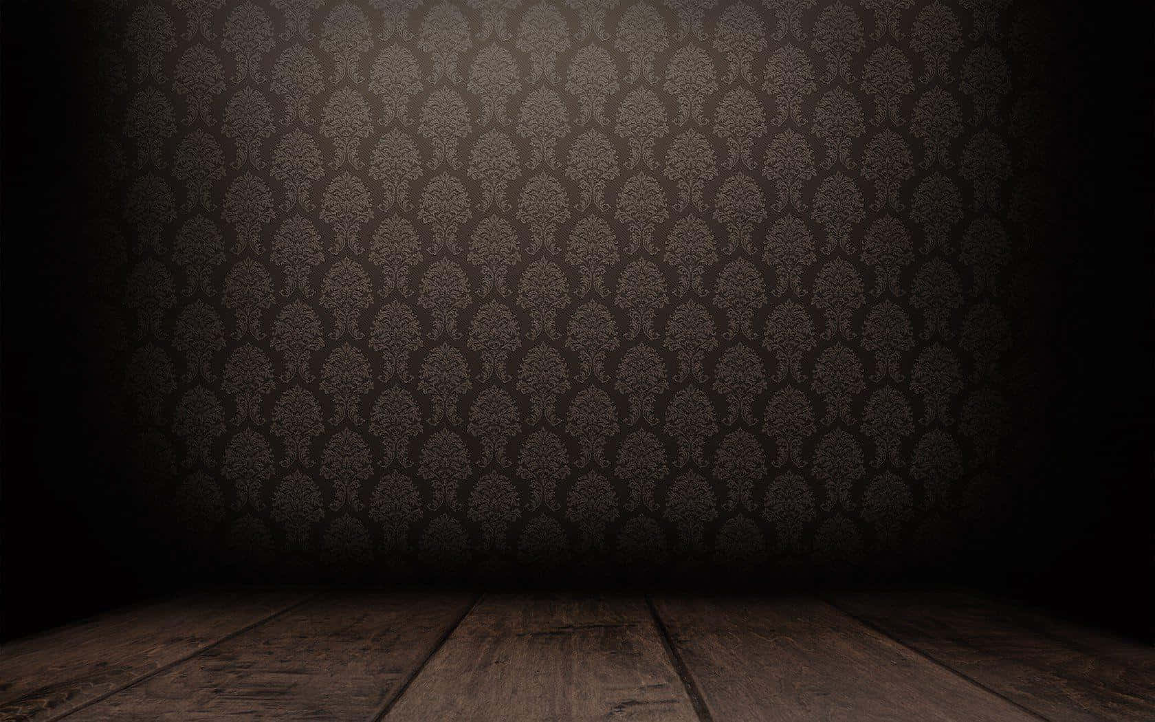 Dark Room 桌布 壁紙 — 一個燈光昏暗的房間，舖有深色大馬士革牆紙和木地板，被聚光燈照亮。