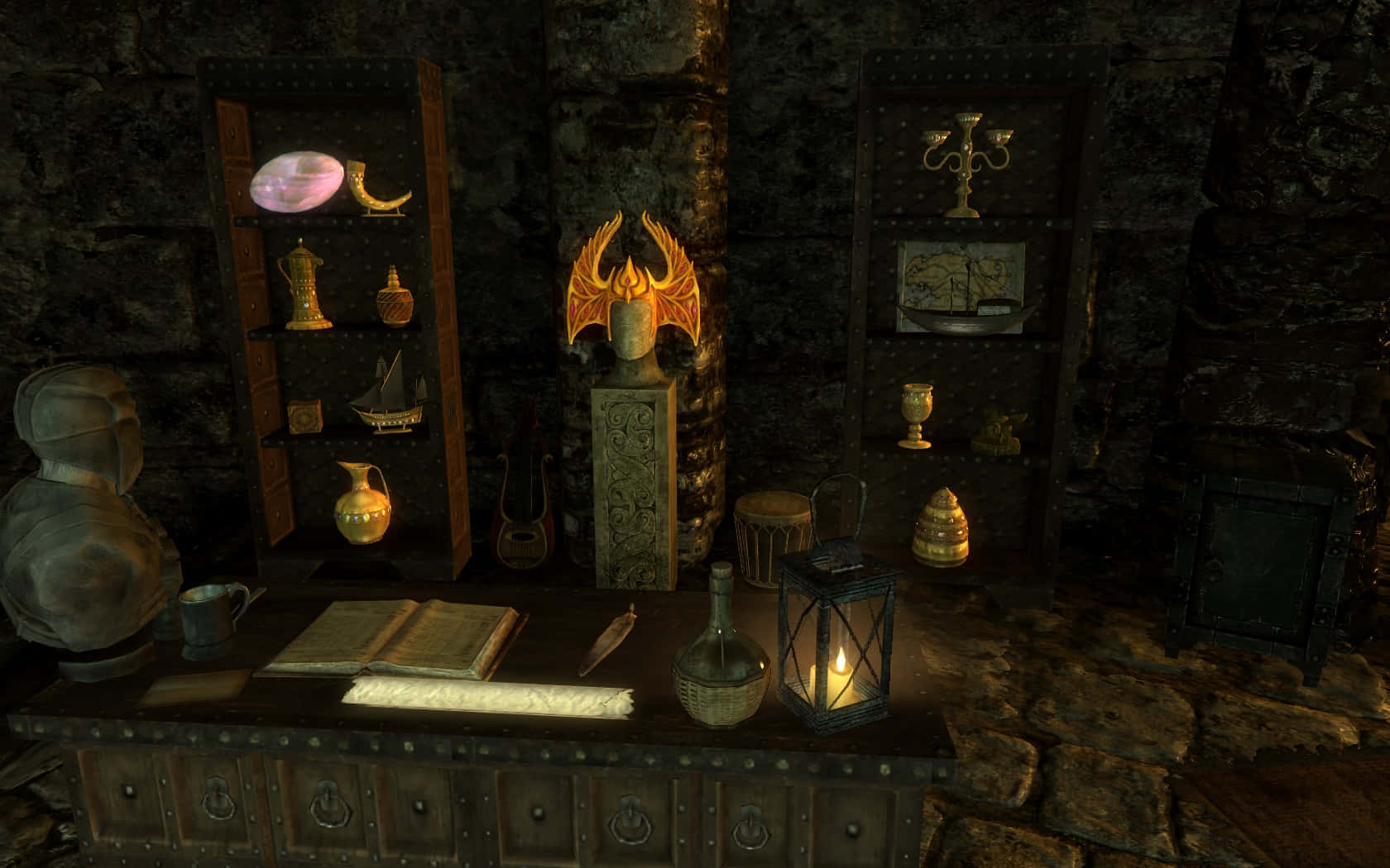 Thieves Guild 桌布 壁紙 — 一個燈光昏暗的石頭書房，充滿了古代文物、發光的燈籠和一個發光的頭骨作為中心裝飾。