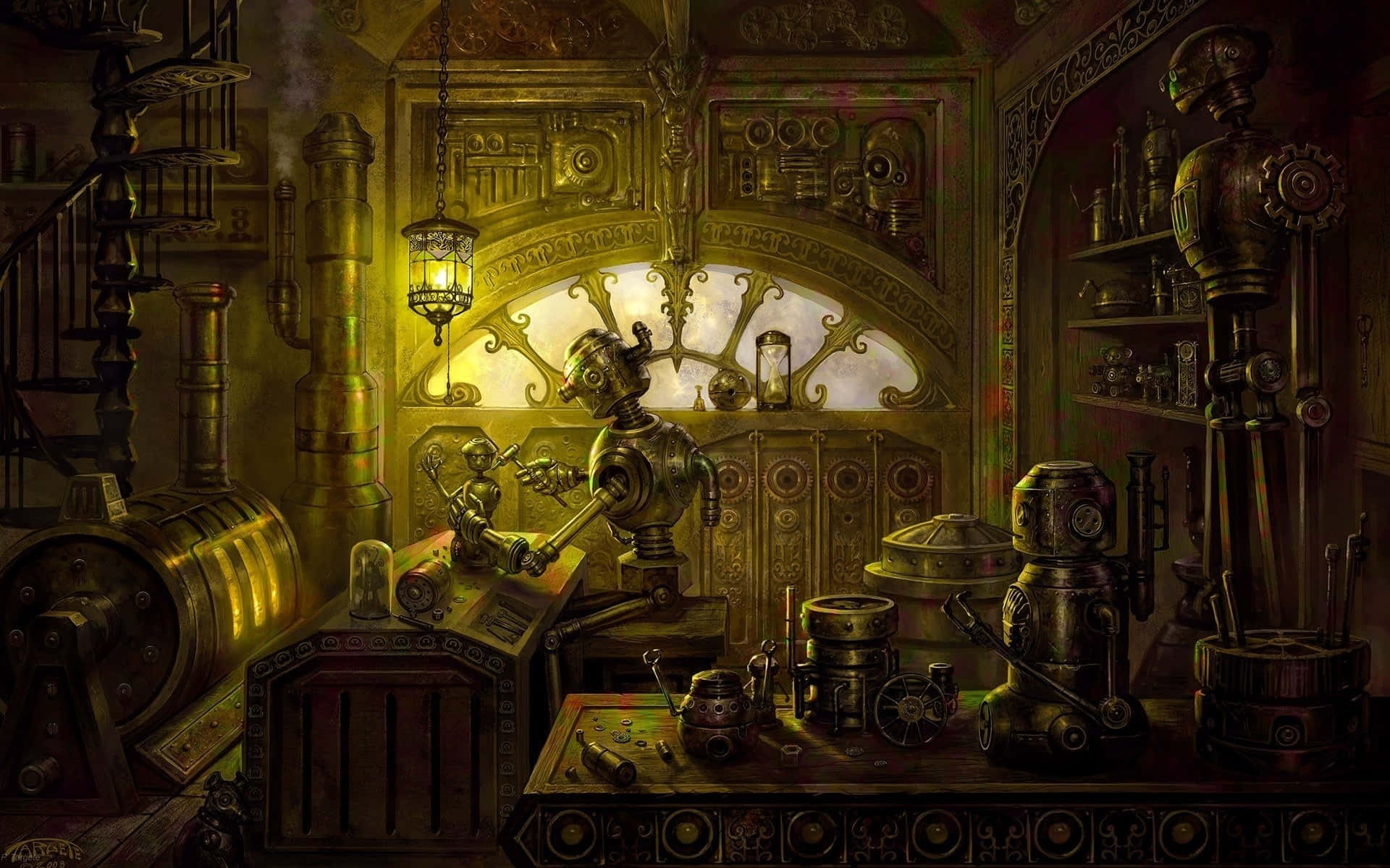 Dark Steampunk 桌布 壁紙 — 一個燈光昏暗的蒸氣龐克工坊，充滿黃銅機器人、齒輪和管道，沐浴在溫暖的金色光線下。