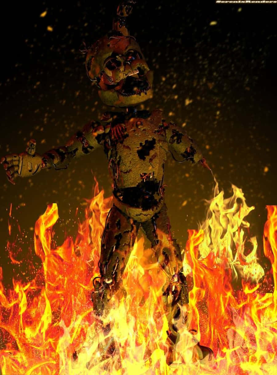 Scraptrap 桌布 壁紙 — 一個燒焦的電子動畫人物站在黑暗背景中，被熊熊烈火吞噬，周圍有發光的餘燼。