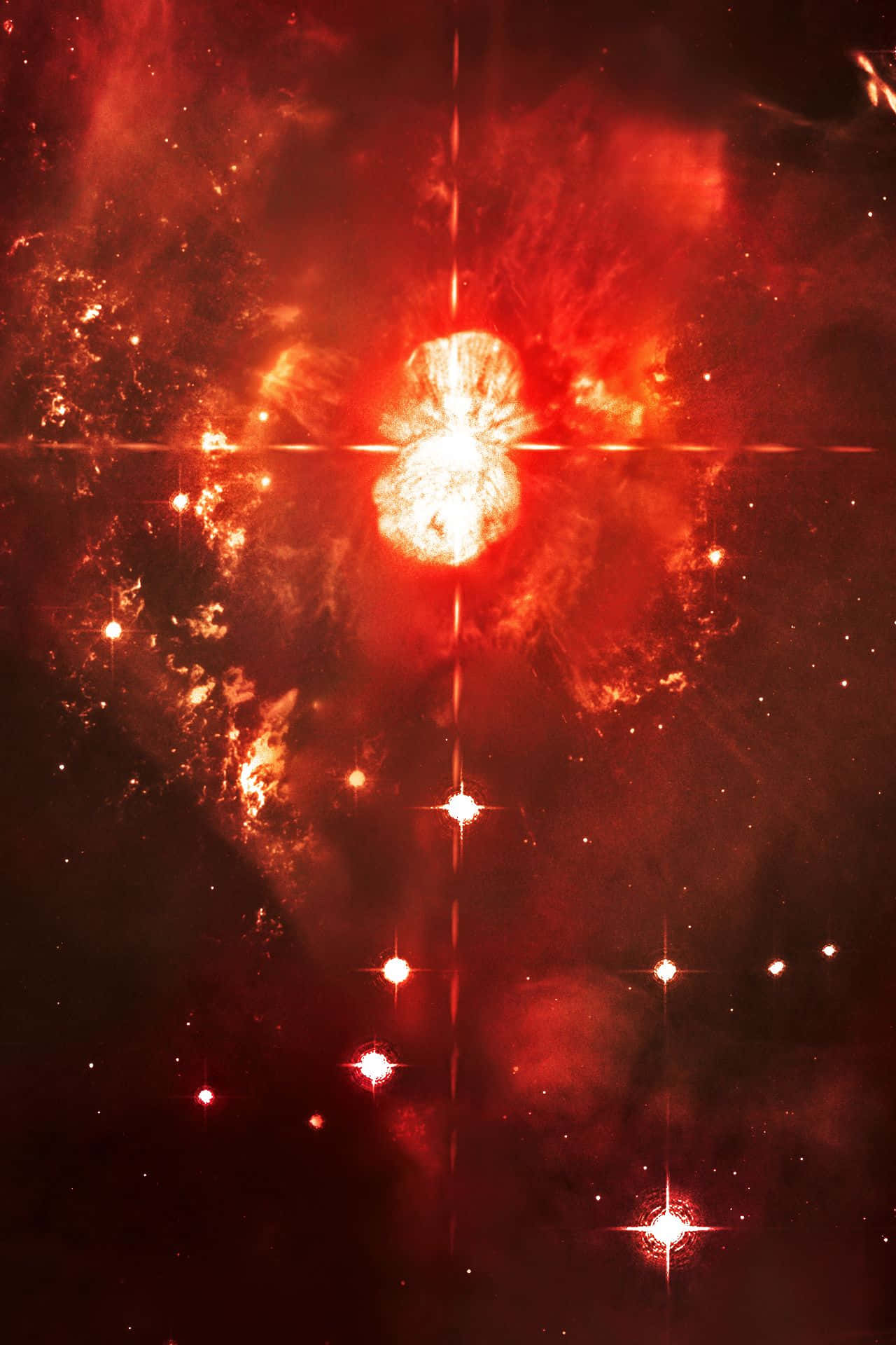 Quasar 桌布 壁紙 — 一個燦爛的紅色星雲，中心有一顆發光的恆星，周圍散佈著明亮的星星，背景是黑暗的宇宙。