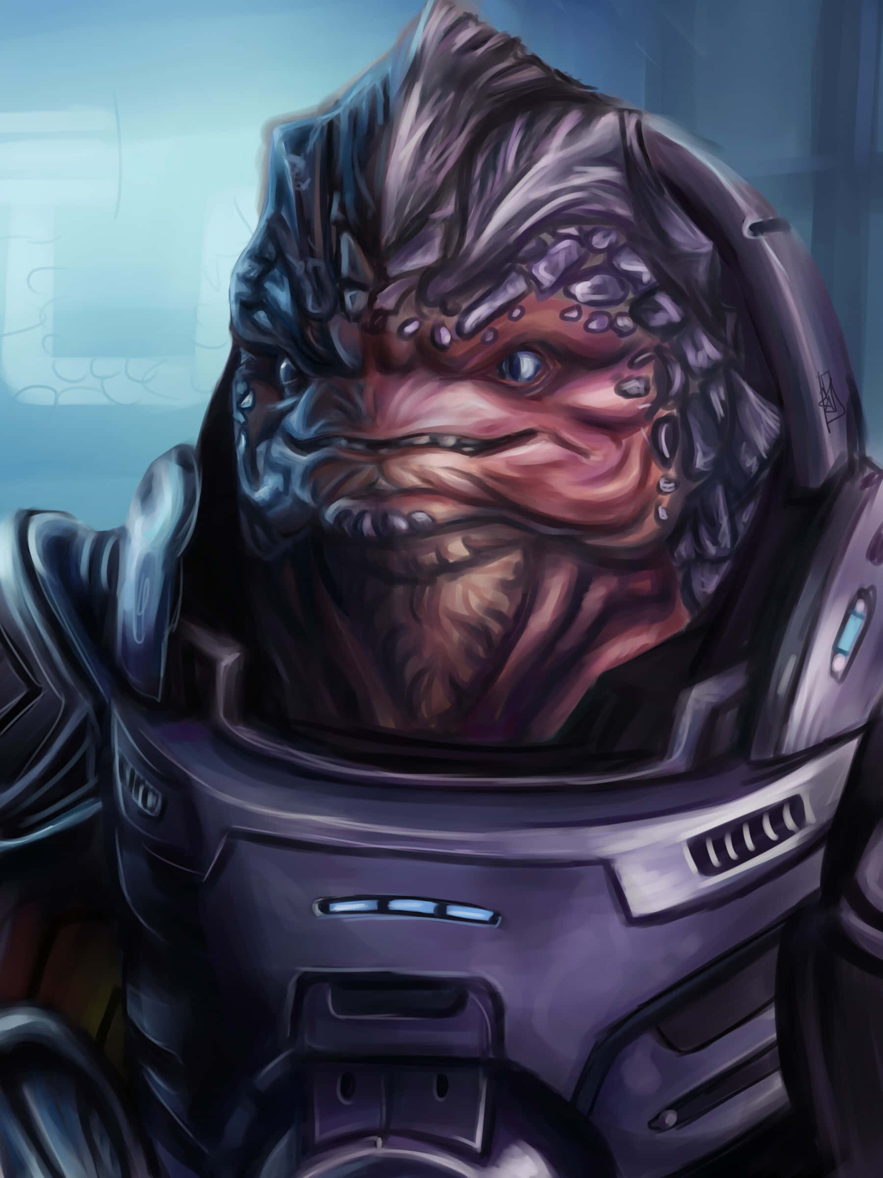 Mass Effect Grunt 桌布 壁紙 — 一個爬蟲類外星戰士的近距離特寫，身穿深色未來風格裝甲，帶有發光藍色點綴，背景為冷藍色。