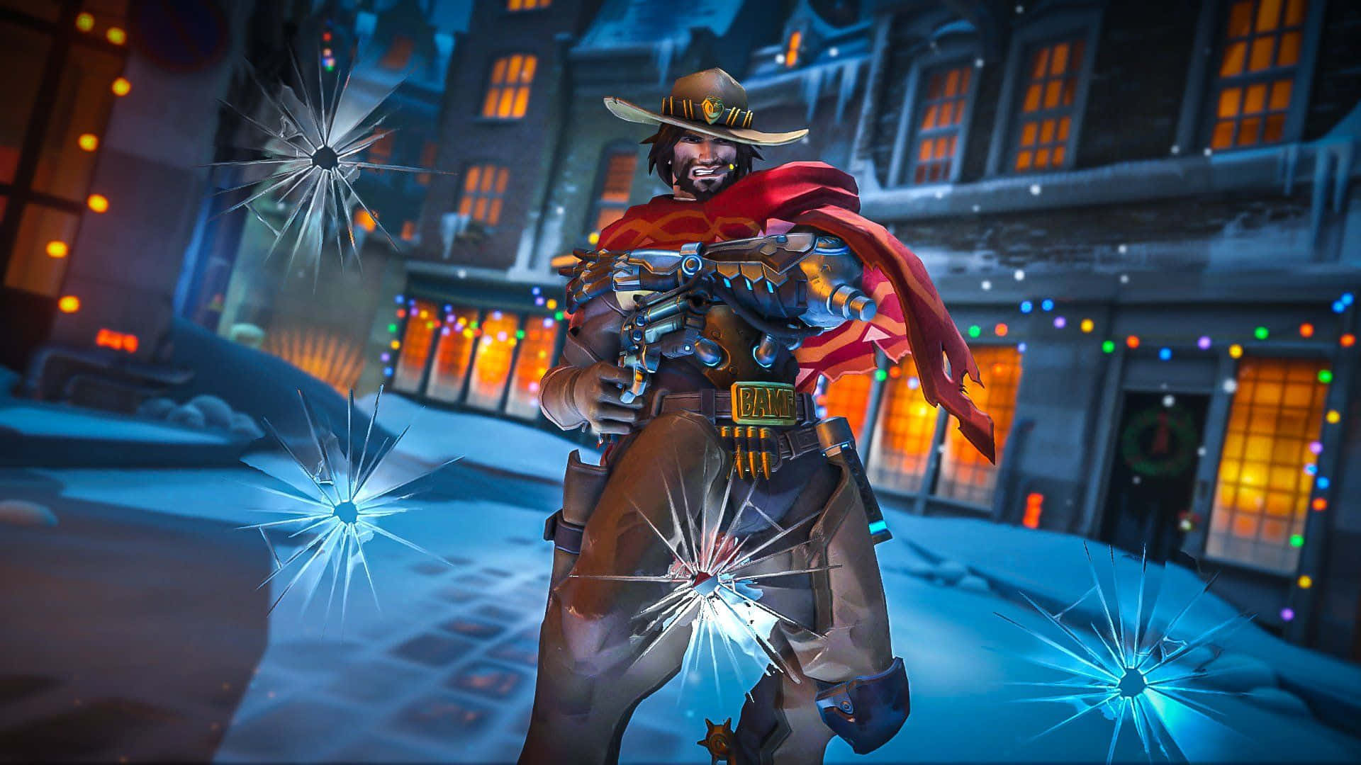 Overwatch Mccree 桌布 壁紙 — 一個牛仔主題的電子遊戲角色在夜晚的雪地城市小巷中發射發光的藍色投射物。