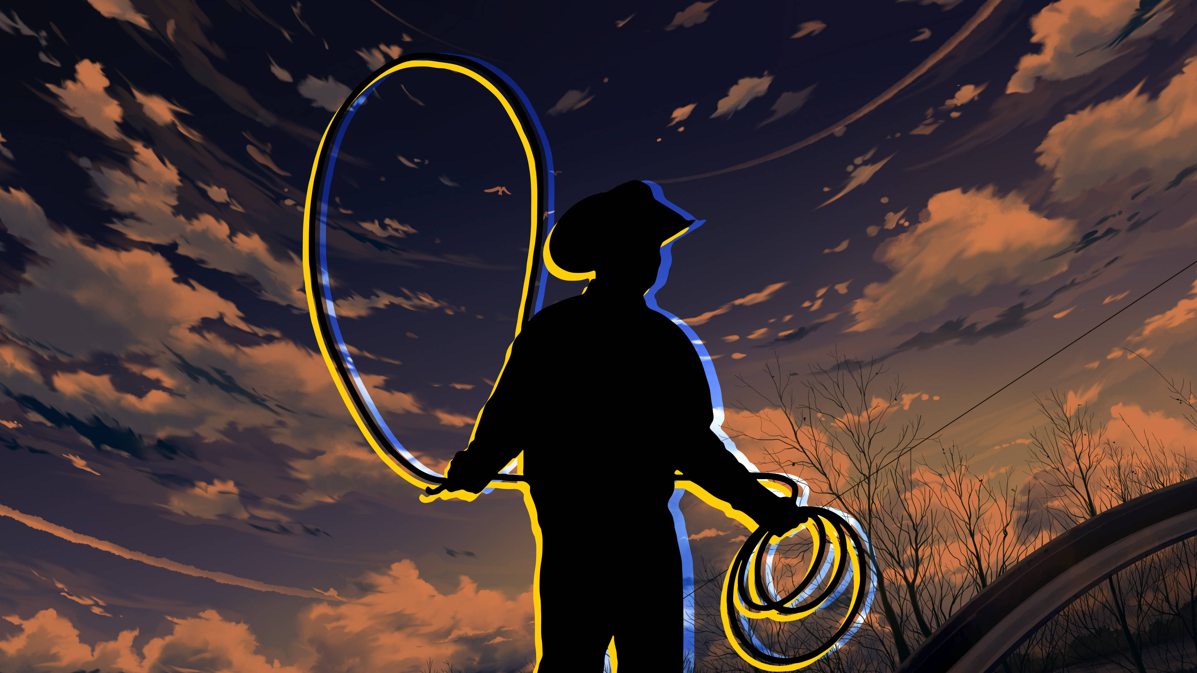 Silhouette 桌布 壁紙 — 一個牛仔嘅剪影，喺有橙色雲嘅戲劇性暮色天空下，揸住一條發光嘅套索。