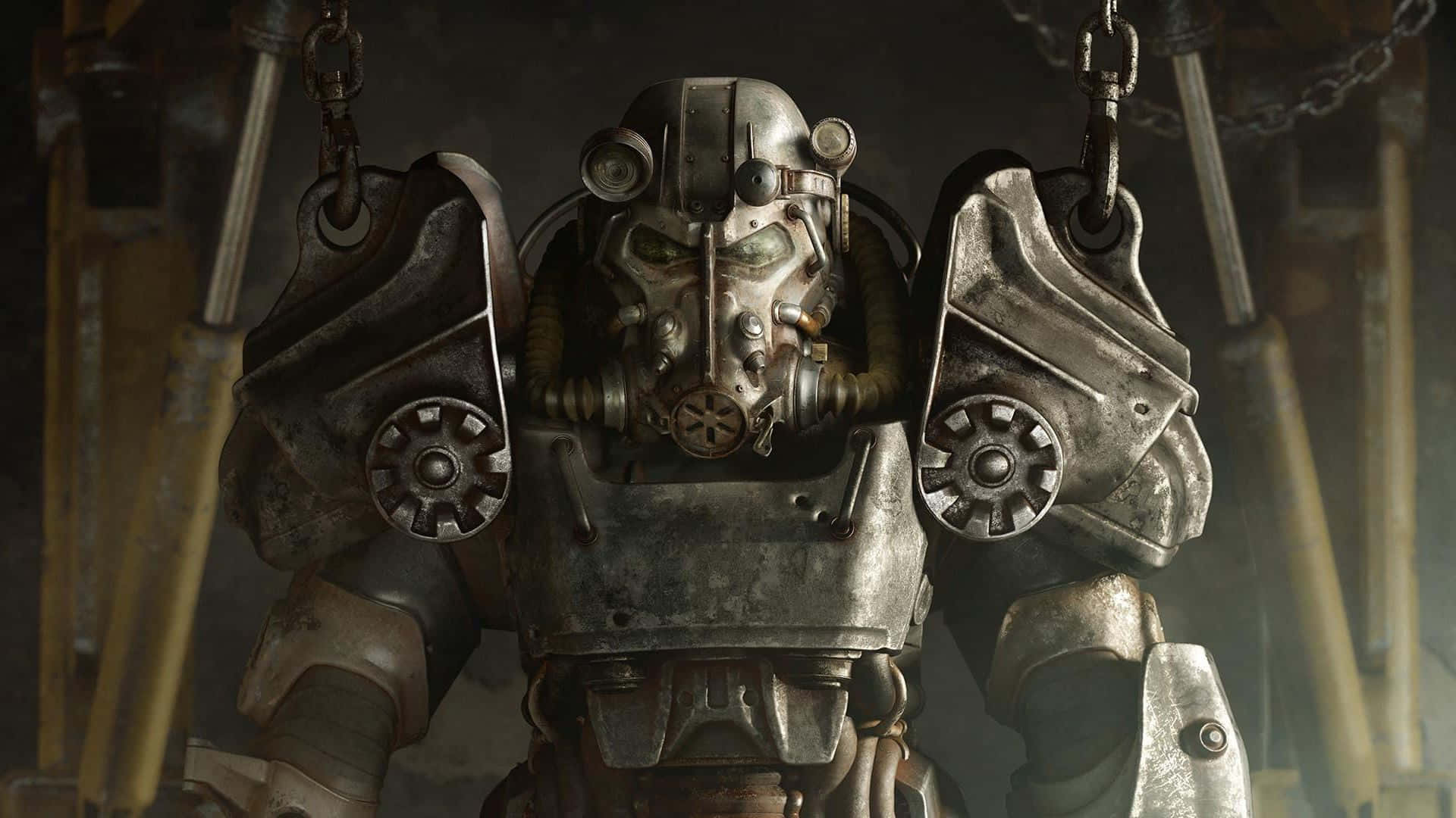 Fallout Brotherhood Of Steel 桌布 壁紙 — 一個特寫，展示一件風化的動力裝甲服在昏暗的工業車間中用鏈條懸掛。