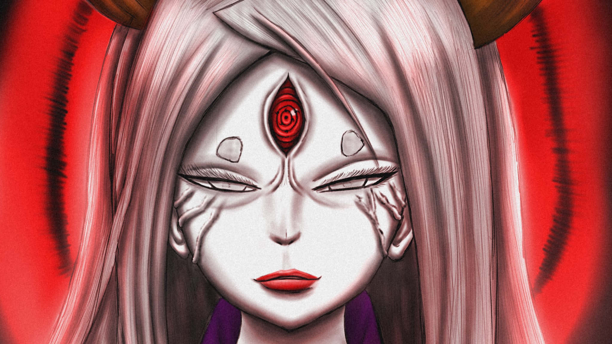 Kaguya Otsutsuki 桌布 壁紙 — 一個特寫動漫角色，擁有蒼白的皮膚、紅唇和一隻發光的紅色螺旋眼睛，被飄逸的粉紅色頭髮包圍，背景是鮮豔的紅色。