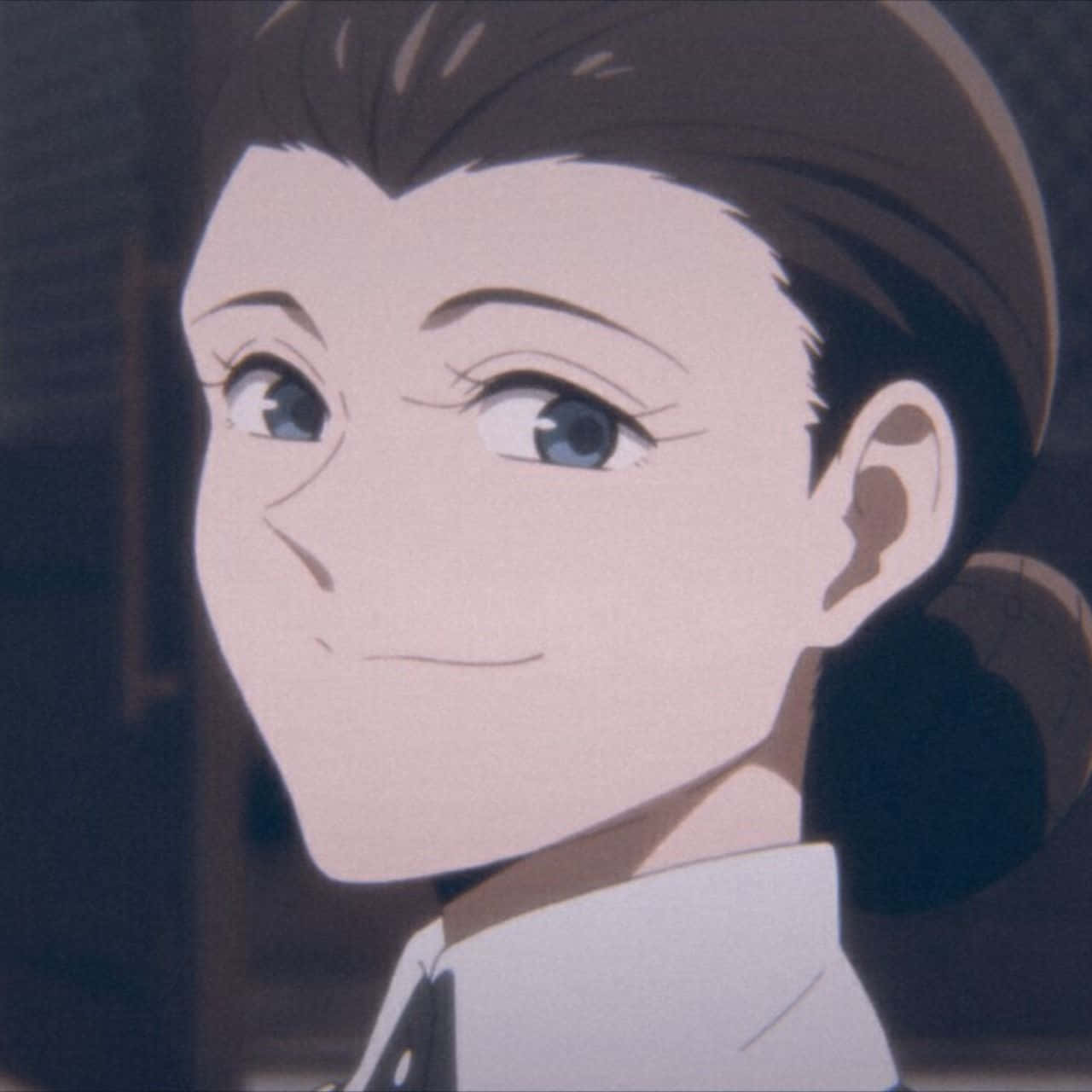 The Promised Neverland Isabella 桌布 壁紙 — 一個特寫動畫肖像，一位深色頭髮盤成髮髻、藍色眼睛的女性溫柔微笑。