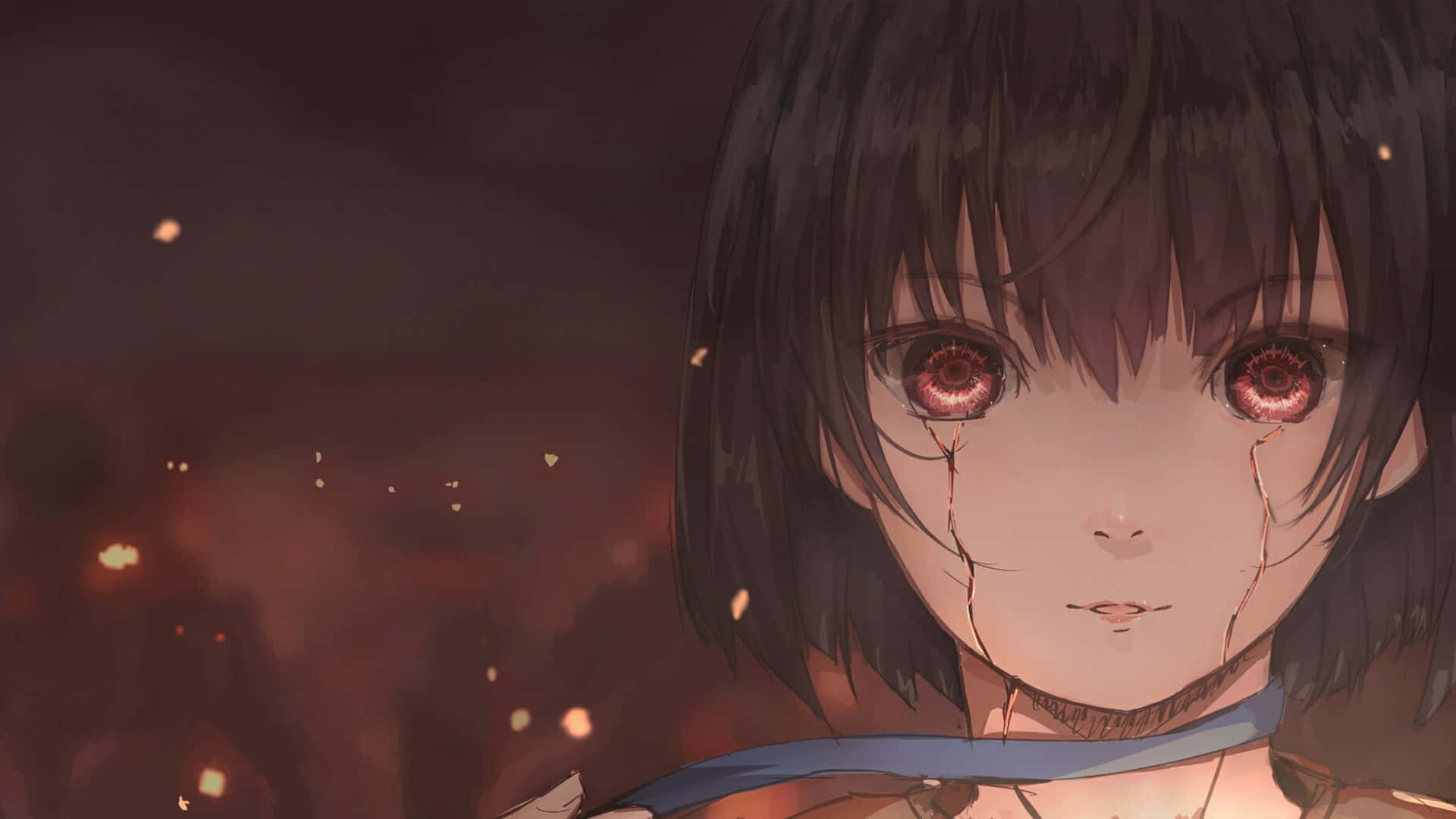 Kabaneri Of The Iron Fortress 桌布 壁紙 — 一個特寫的動漫女孩，擁有發光的紅色眼睛和淚水順著臉頰流下，背景是火熱的橙色。