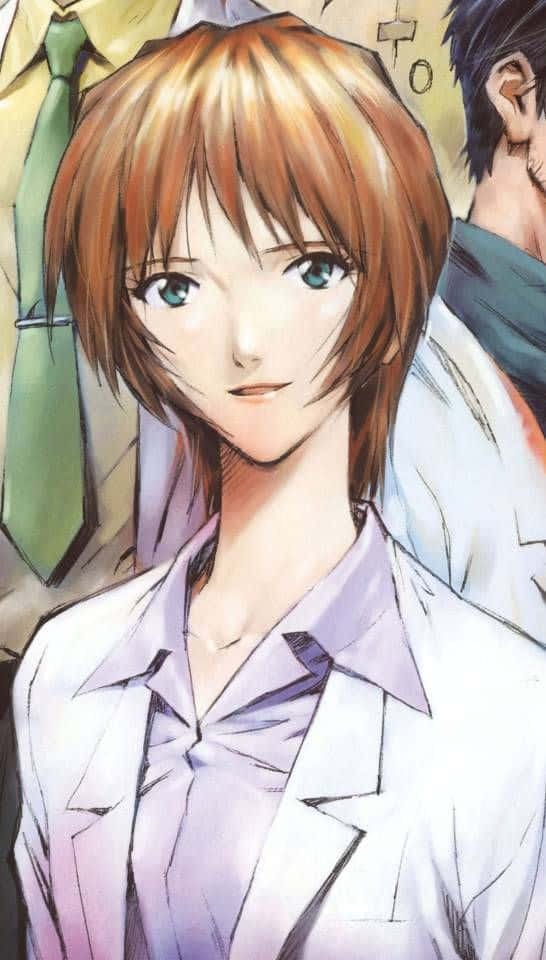 Yui Ikari 桌布 壁紙 — 一個特寫的動漫女孩，棕色頭髮和綠色眼睛，穿著白色實驗室外套，內搭紫色襯衫。