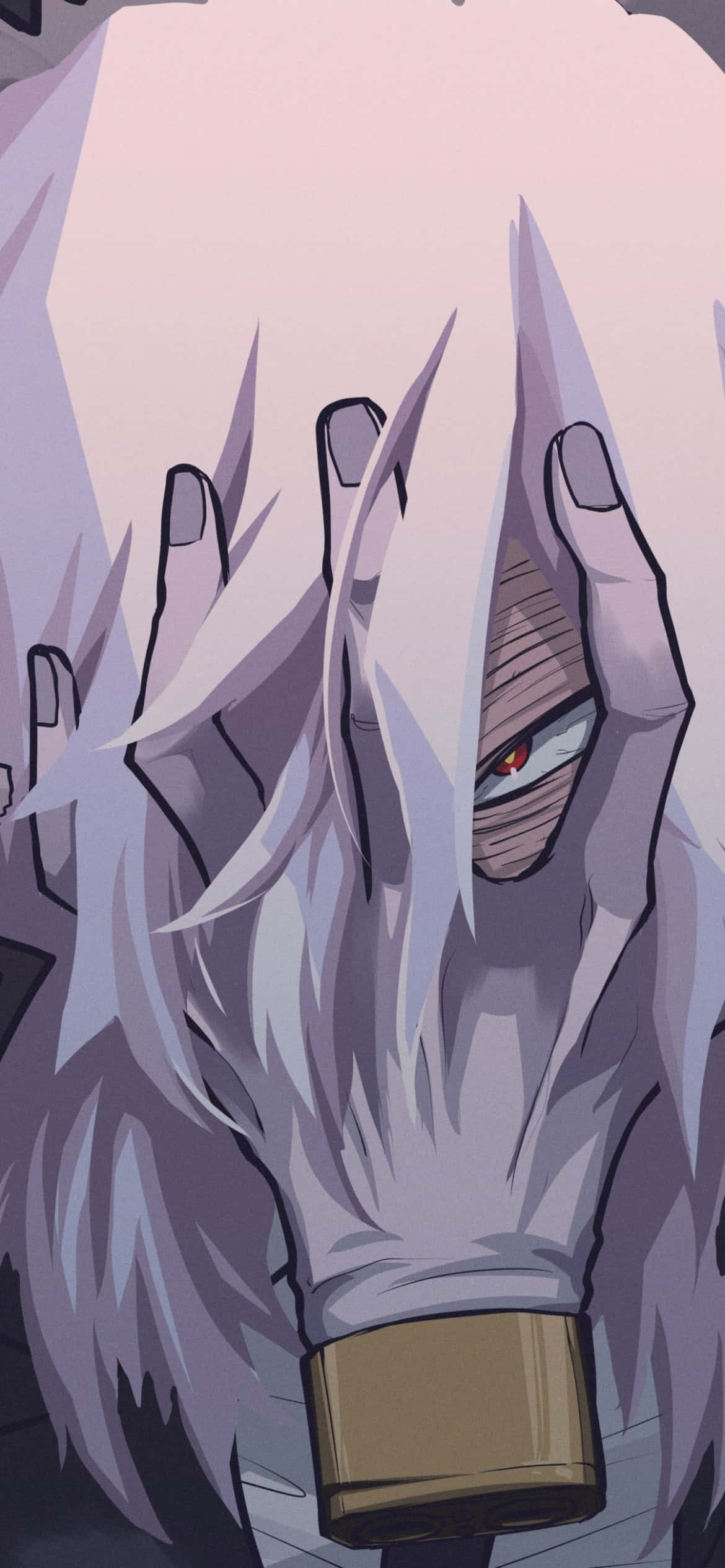 Tomura Shigaraki 桌布 壁紙 — 一個特寫的動漫角色，白髮紅眼，透過手指窺視，背景是柔和的粉紅色。