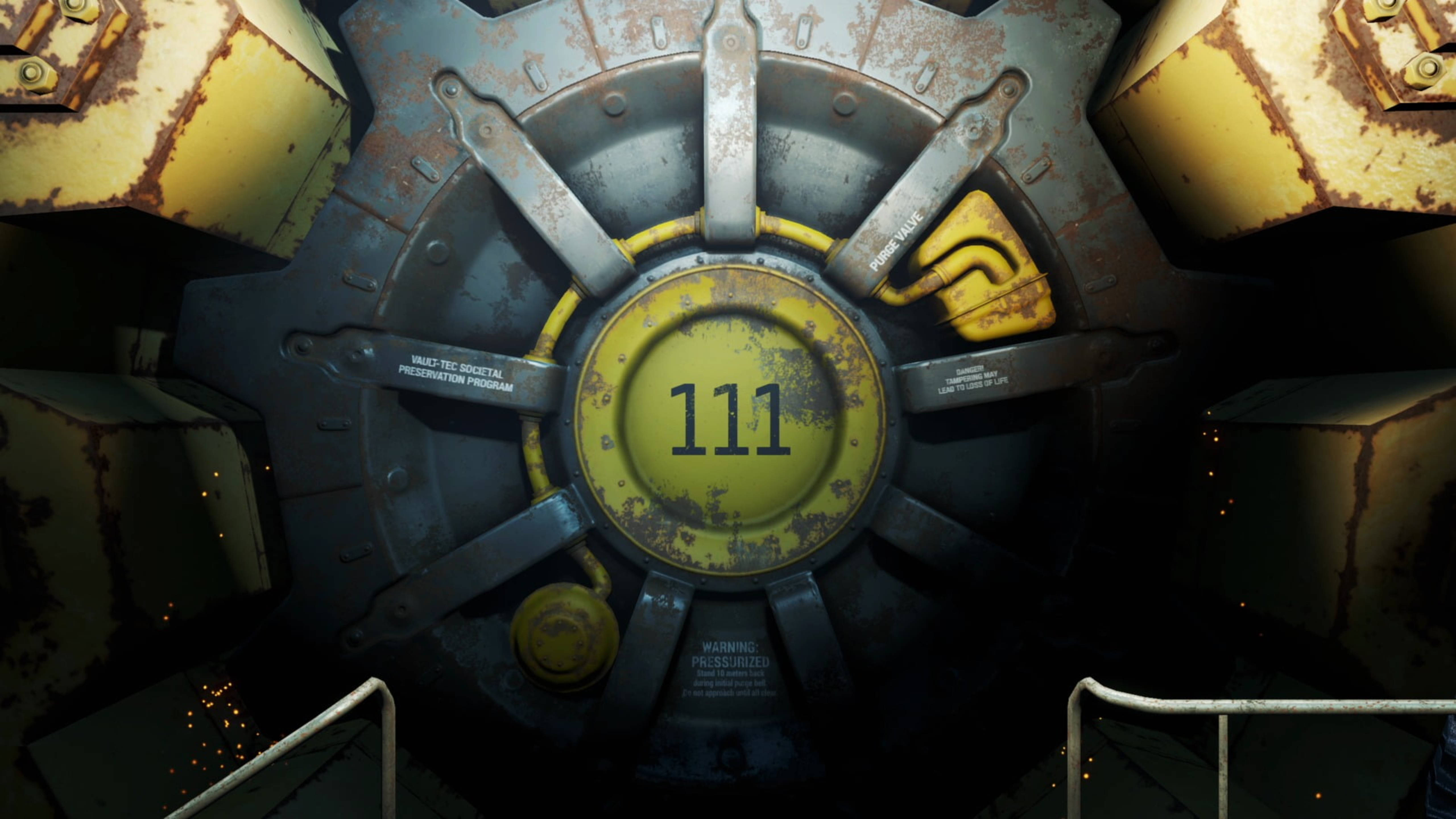 Fallout 4 桌布 壁紙 — 一個特寫鏡頭，展示一扇生鏽的工業保險庫門，上面標有數字111和警告標籤，處於昏暗的環境中。
