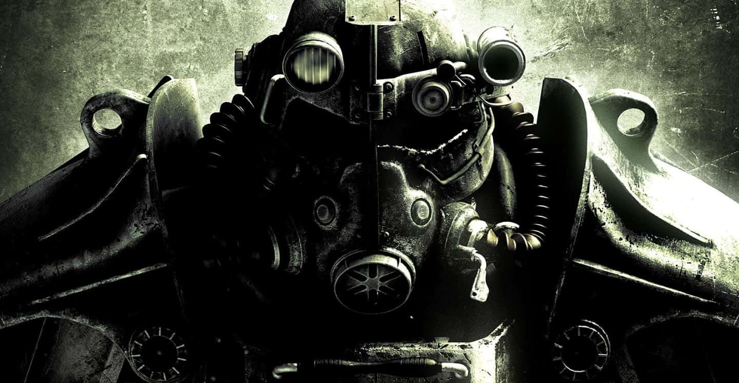 Fallout 4 Power Armor 桌布 壁紙 — 一個特寫鏡頭，展示了一個風化的動力裝甲頭盔，帶有發光的眼睛和粗糙的紋理，背景是黑暗的工業環境。