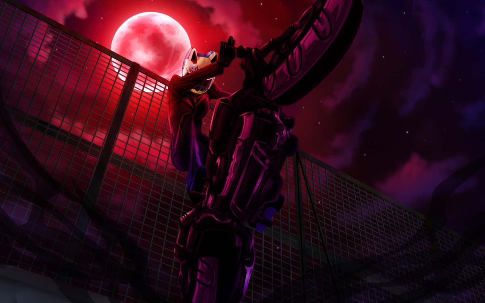 Celty Sturluson 桌布 壁紙 — 一個狐狸般的動漫角色，身穿暗色裝備，在紫色星空下，於發光的紅月亮下騎電單車。