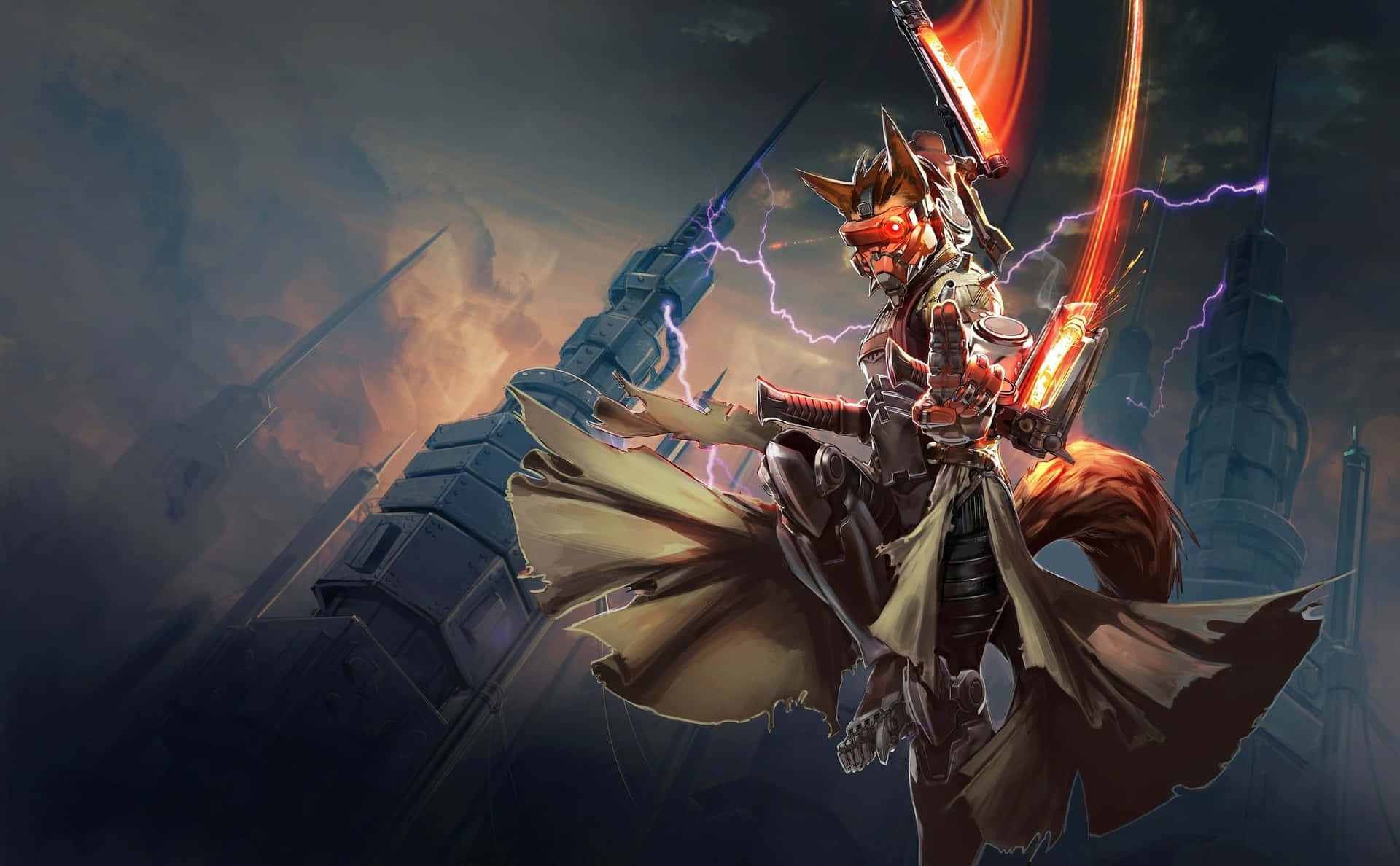 Vainglory 桌布 壁紙 — 一個狐狸頭戰士在黃昏時分的未來城市景觀上，於閃電中揮舞發光的刀刃。
