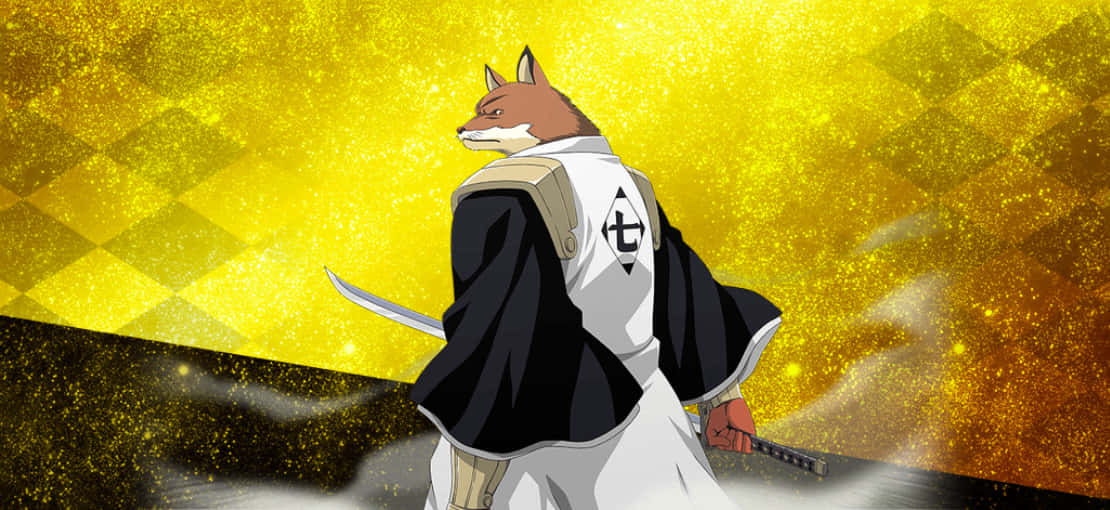Sajin Komamura 桌布 壁紙 — 一個狐狸頭的動漫戰士穿著黑白制服，手持劍，站在閃爍的金色背景前。