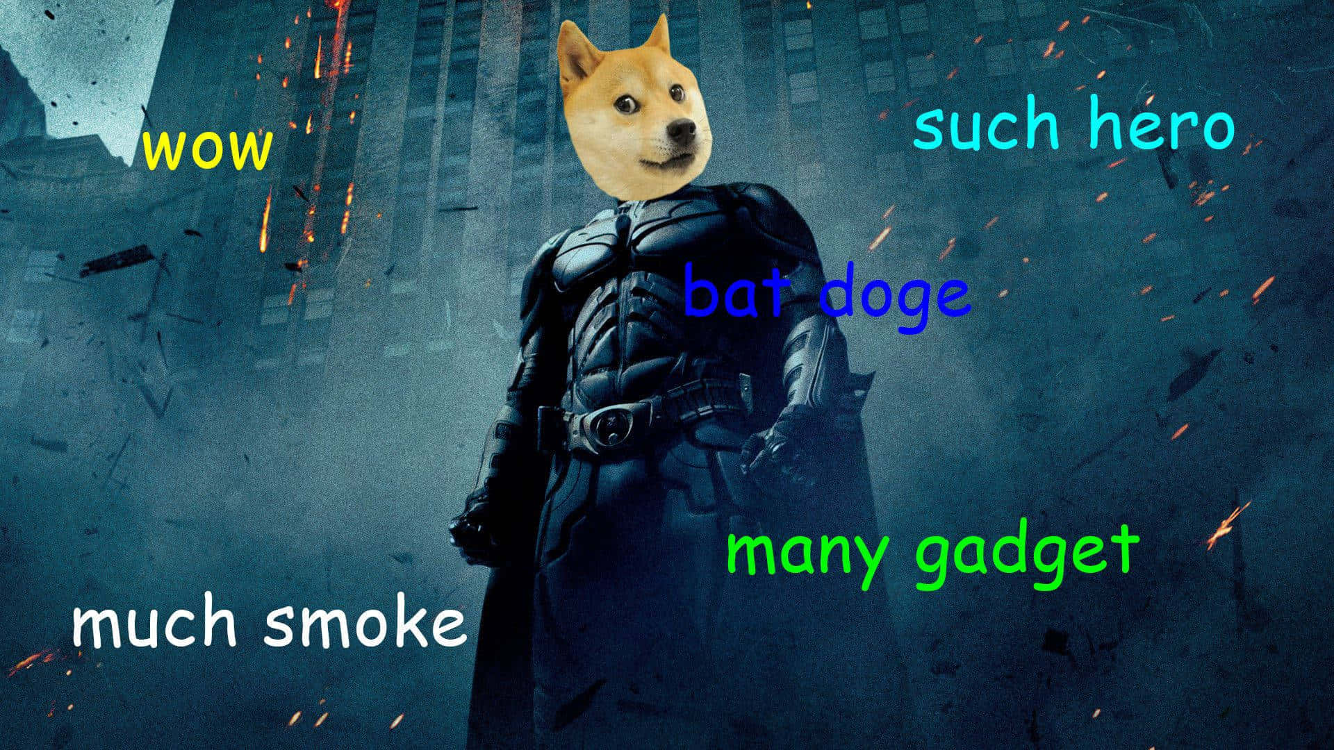 Dog Memes 桌布 壁紙 — 一個狗頭蝙蝠俠站在煙霧彌漫的廢墟城市景觀中，周圍漂浮著迷因文字。