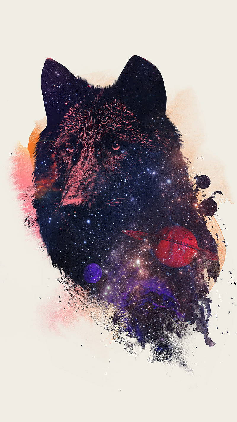 Illustration Art 桌布 壁紙 — 一個狼頭，裡面充滿了宇宙星雲和行星，背景是柔和的奶油色。