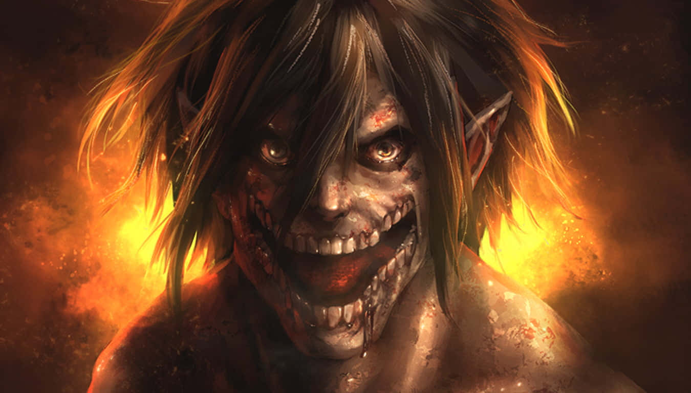 Attack On Titan Poster 桌布 壁紙 — 一個猙獰的動漫巨人，帶著血跡斑斑的笑容和發光的眼睛，從熾熱的橙色火焰中出現。