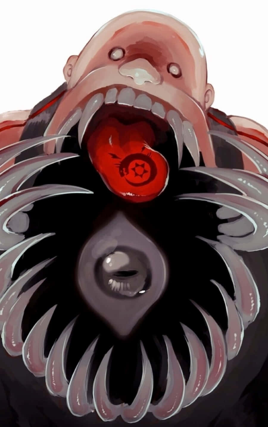 Fullmetal Alchemist Gluttony 桌布 壁紙 — 一個猙獰的動漫風格生物，張開大嘴，手持帶有星星符號的紅色球體，背景為純白色。