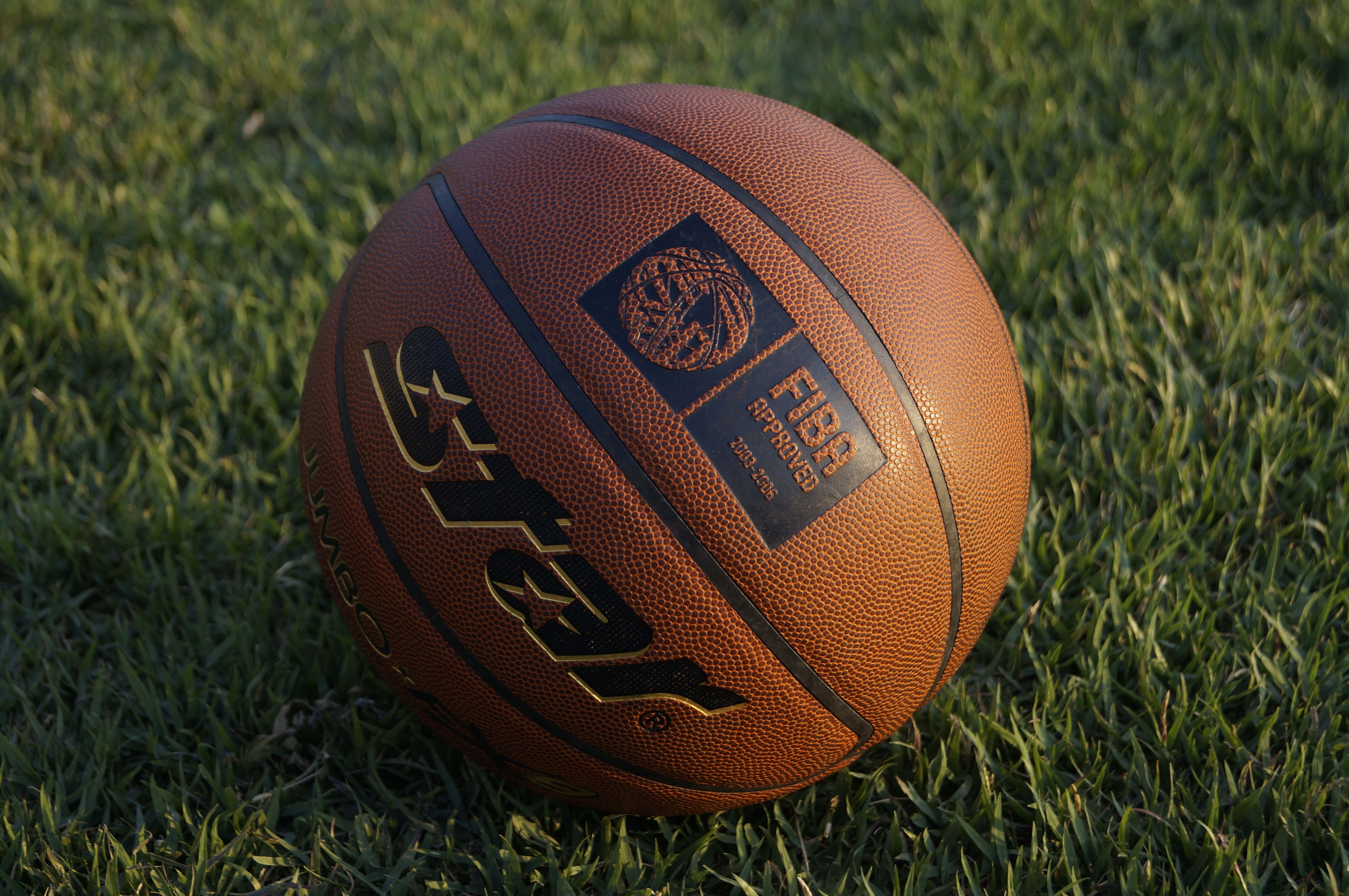 ball 桌布 壁紙 — 一個獲FIBA認證的棕色籃球，在溫暖陽光下放在鮮綠色草地上。